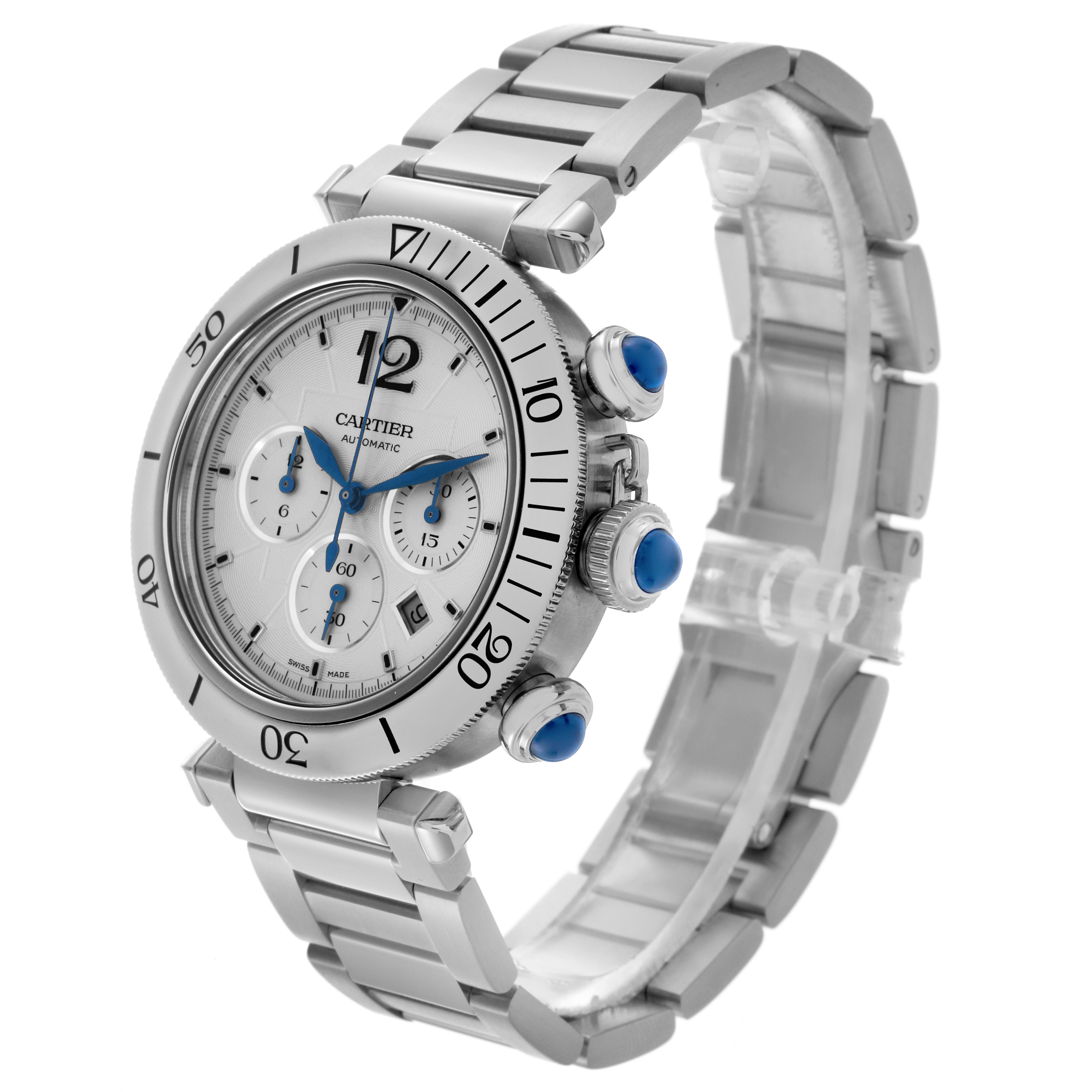 The Cartier Pasha WSPA0018 Men
s Stainless Steel Silver Dial WSPA0018 Men
s Stainless Steel Silver Dial watch is shown at a three-quarter angle, displaying the bezel, face, crown, pushers, and bracelet.