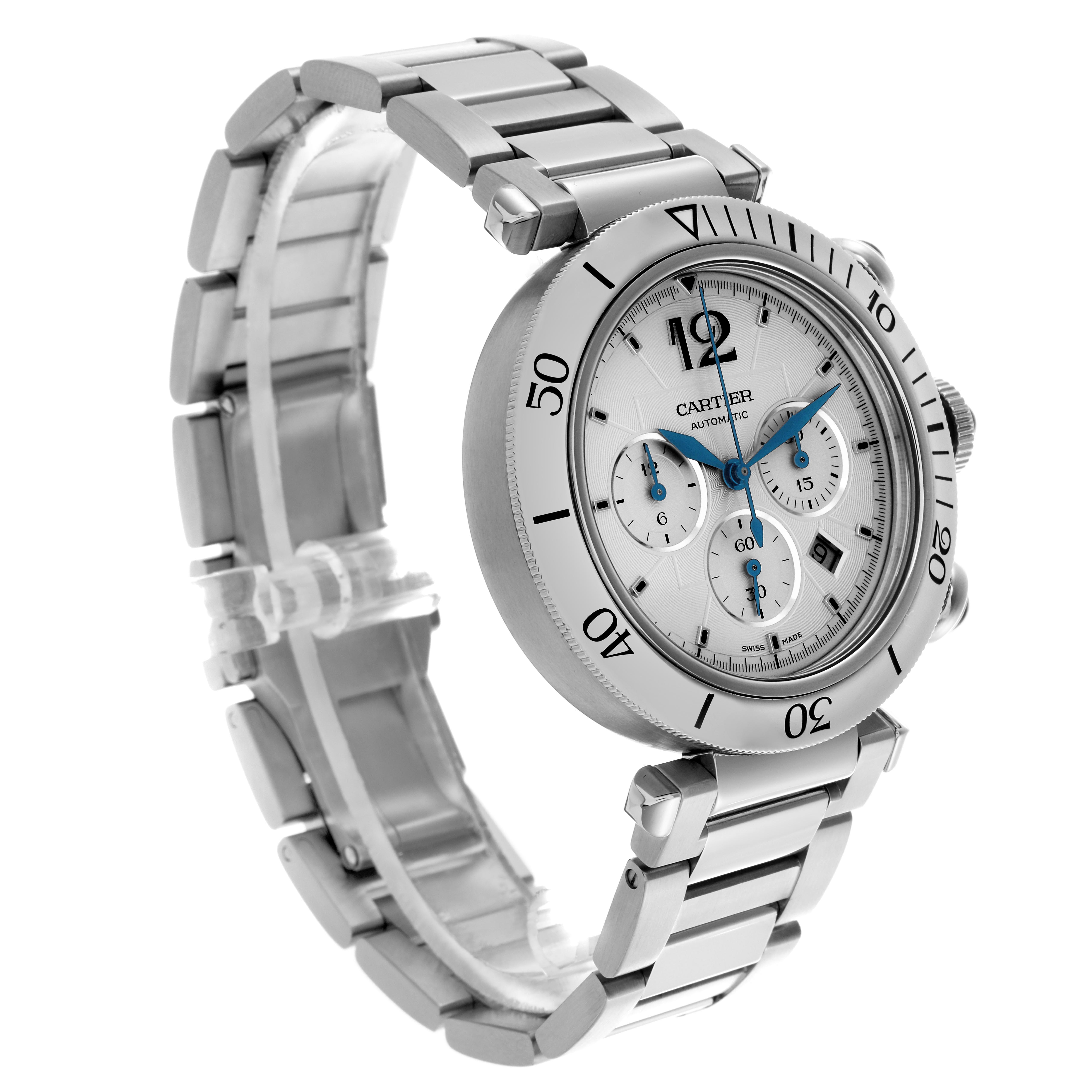 The Cartier Pasha WSPA0018 Men
s Stainless Steel Silver Dial WSPA0018 Men
s Stainless Steel Silver Dial watch is shown at a three-quarter angle, highlighting the dial, bezel, crown, and metal bracelet.