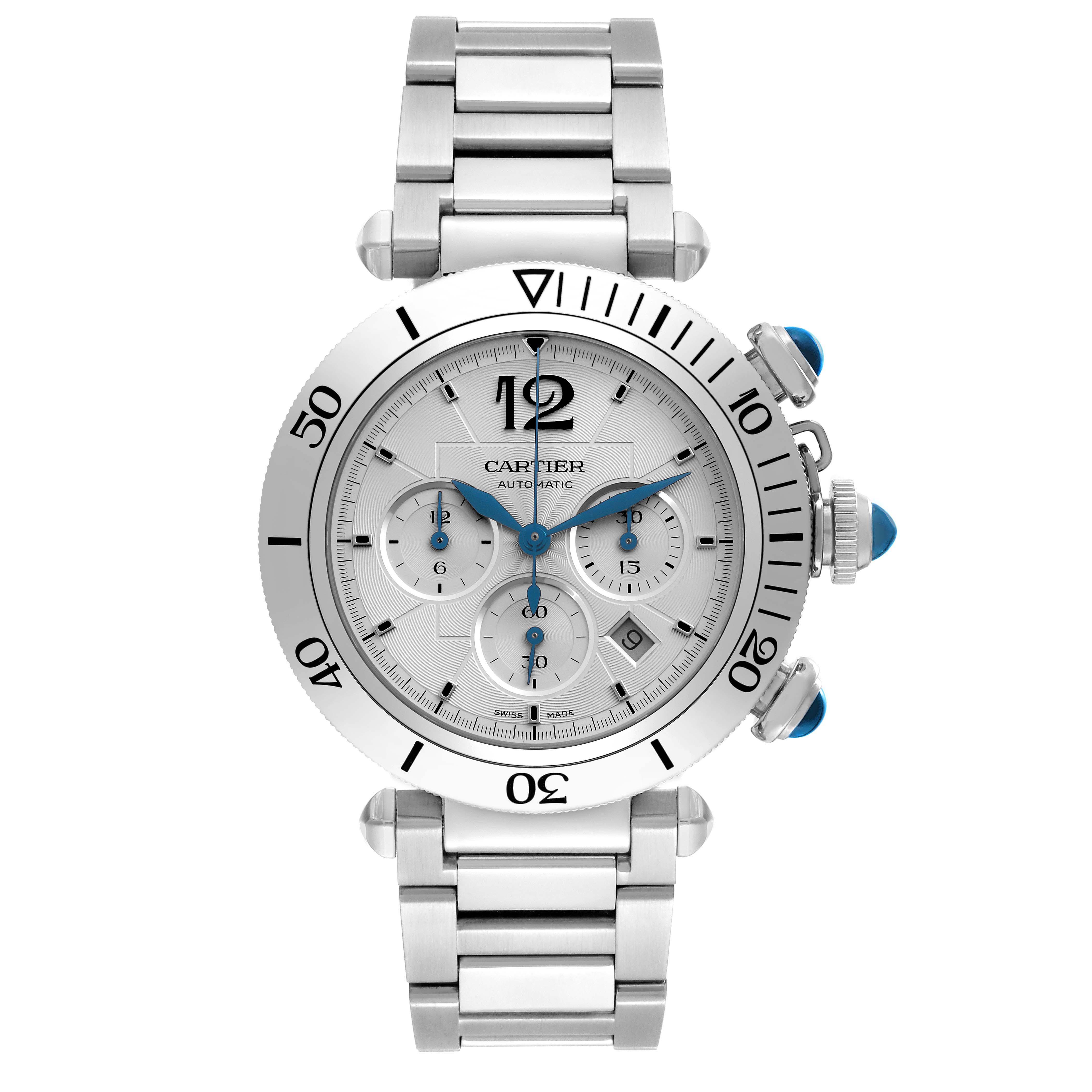The Cartier Pasha WSPA0018 Men
s Stainless Steel Silver Dial WSPA0018 Men
s Stainless Steel Silver Dial watch is shown from a top view, highlighting its face, bezel, crown, and bracelet.