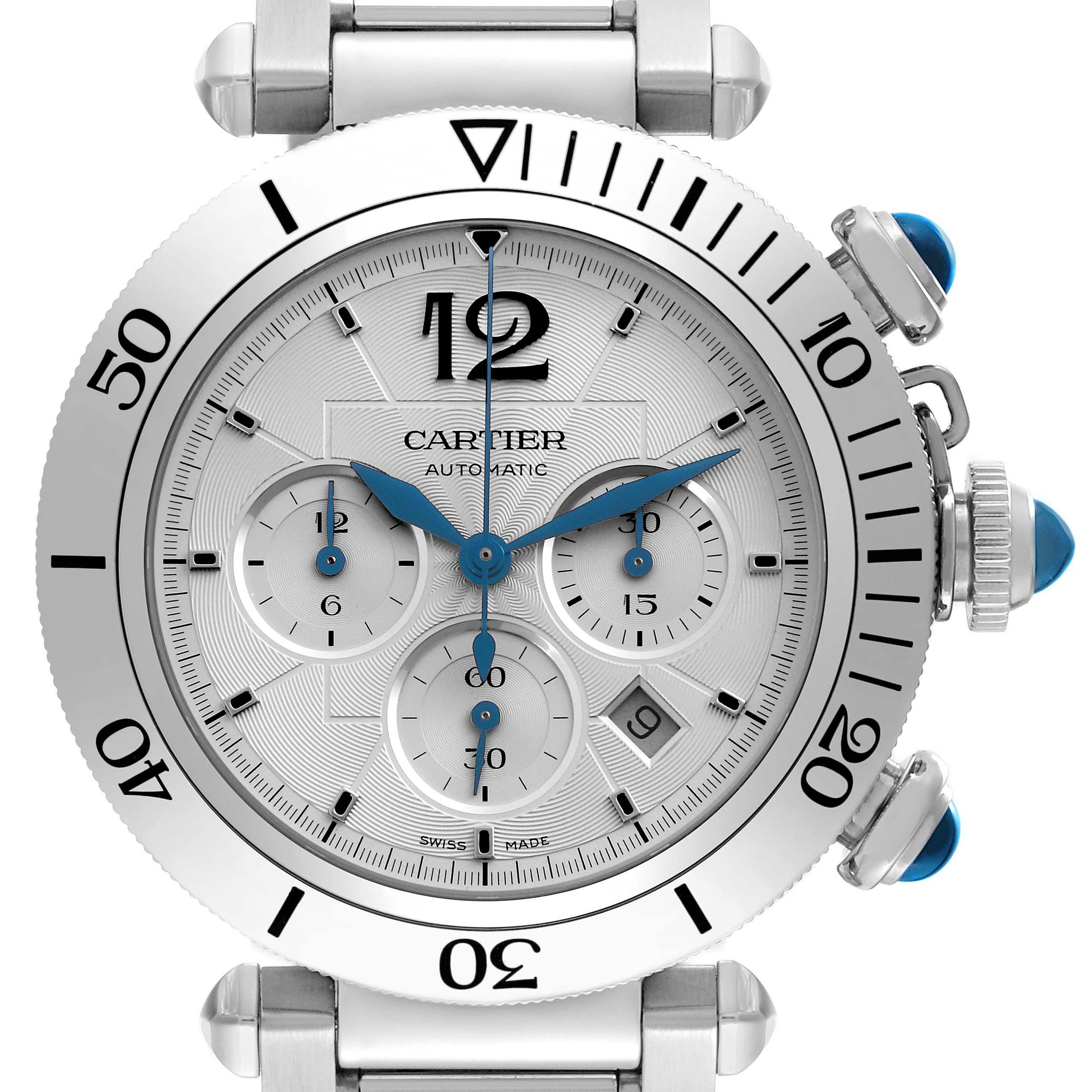 The Cartier Pasha WSPA0018 Men
s Stainless Steel Silver Dial WSPA0018 Men
s Stainless Steel Silver Dial watch is shown from the front, highlighting the dial, bezel, and crown with blue accents.