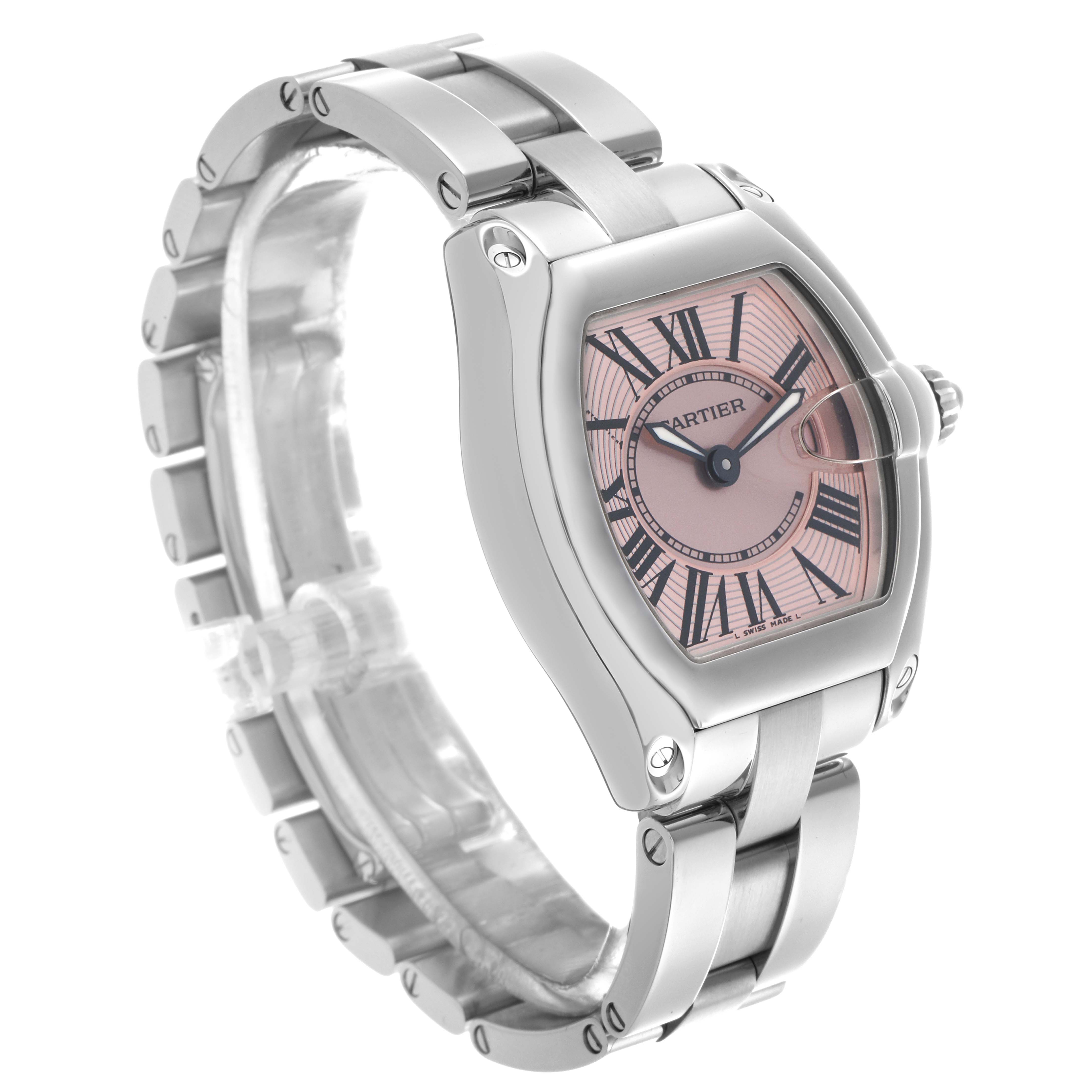 The Cartier Roadster W62017V3 Women's Stainless Steel Pink Dial W62017V3 Women's Stainless Steel Pink Dial watch is shown at a three-quarter angle highlighting the case, dial, crown, and part of the bracelet.