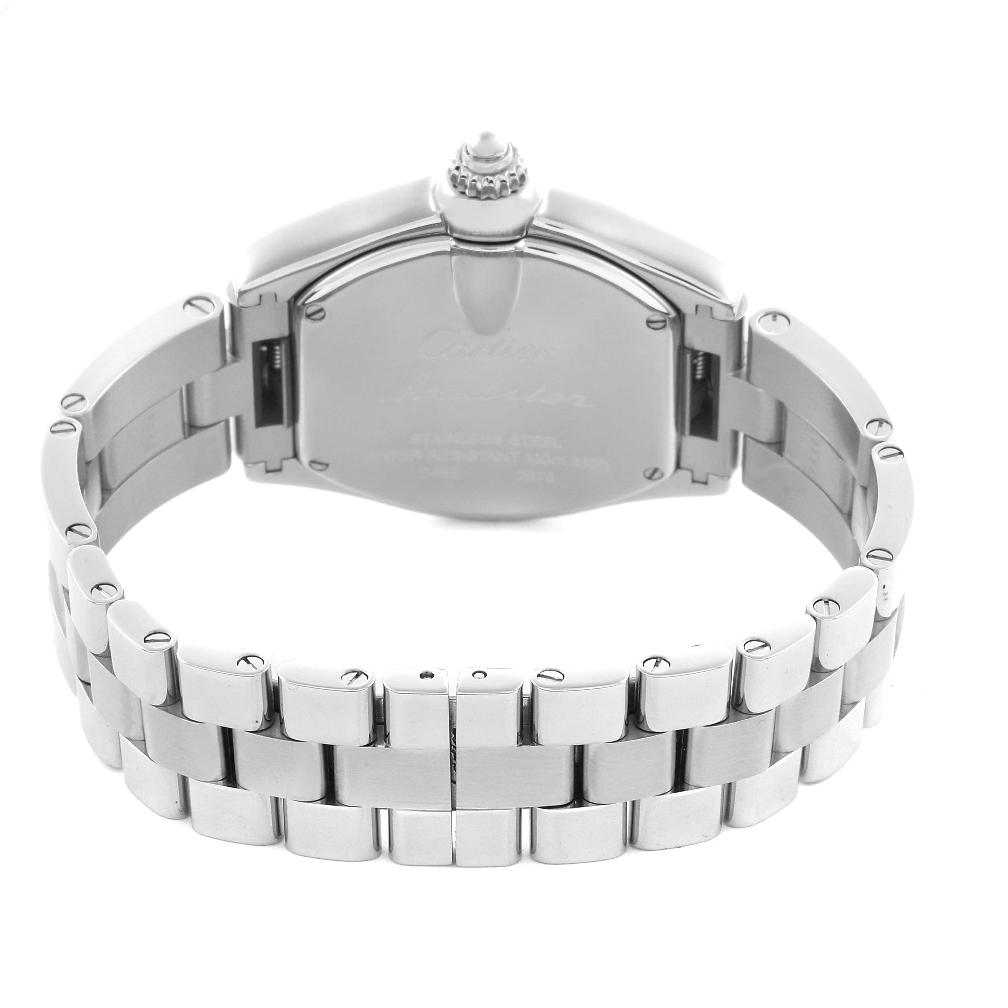 The image shows the back view of a Cartier Roadster W62017V3 Women's Stainless Steel Pink Dial W62017V3 Women's Stainless Steel Pink Dial watch, highlighting its stainless steel bracelet and case back.