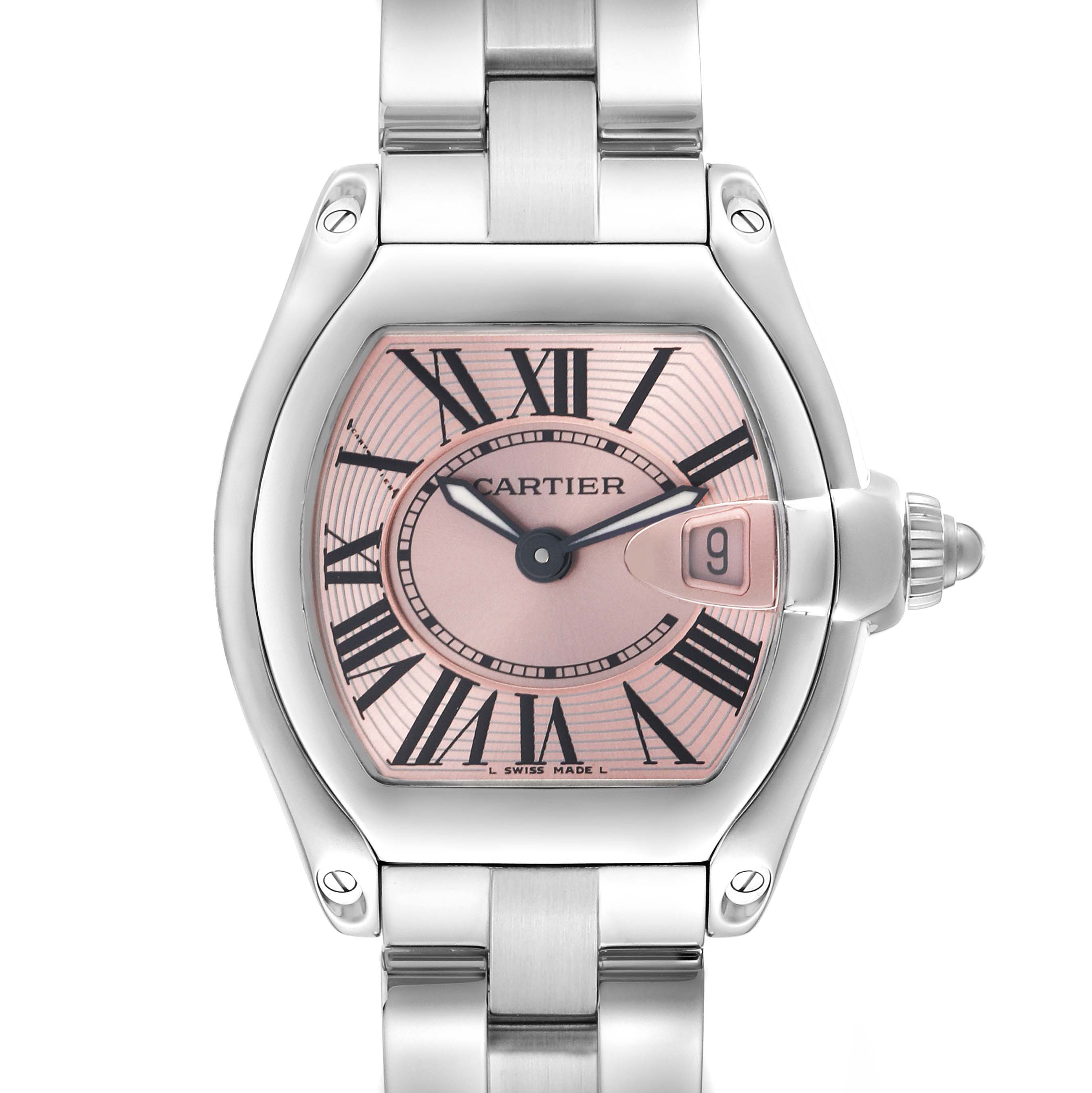 The Cartier Roadster W62017V3 Women's Stainless Steel Pink Dial W62017V3 Women's Stainless Steel Pink Dial watch is shown from a front angle, displaying the dial, Roman numerals, and bracelet.