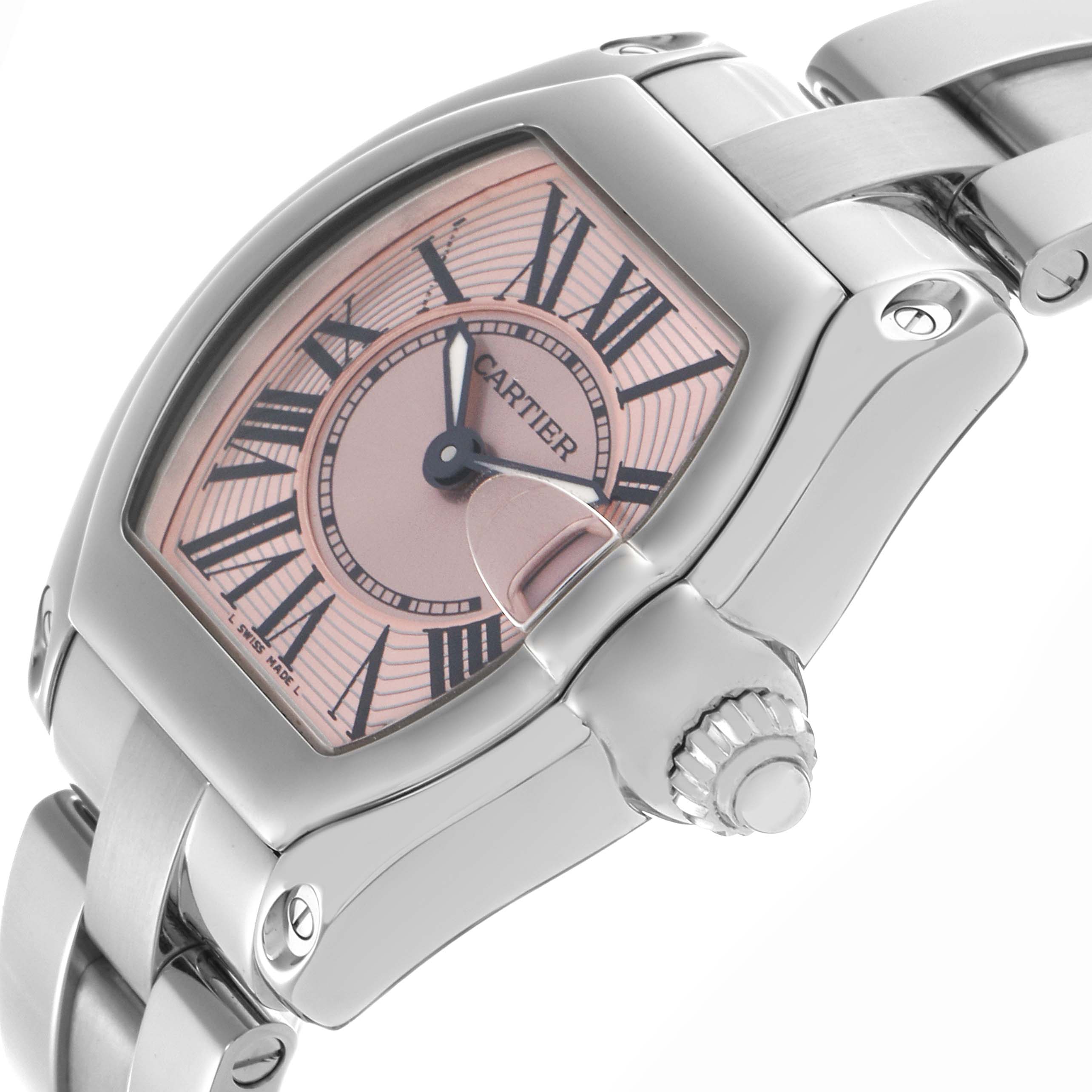 The Cartier Roadster W62017V3 Women's Stainless Steel Pink Dial W62017V3 Women's Stainless Steel Pink Dial watch is shown at a three-quarter angle, revealing the face, crown, and part of the bracelet.