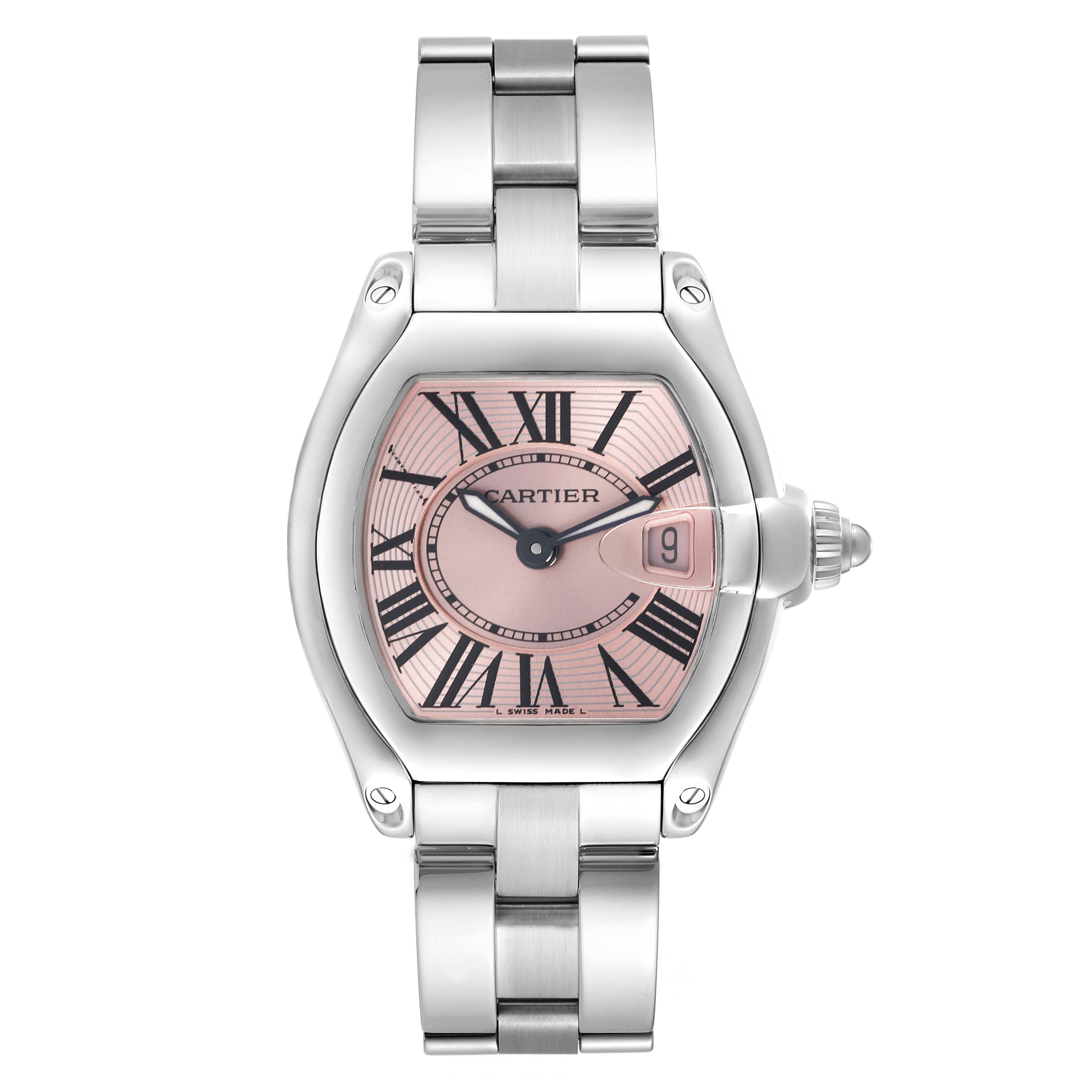 The Cartier Roadster W62017V3 Women's Stainless Steel Pink Dial W62017V3 Women's Stainless Steel Pink Dial watch is shown from a front view, displaying the dial, bezel, bracelet, and crown.