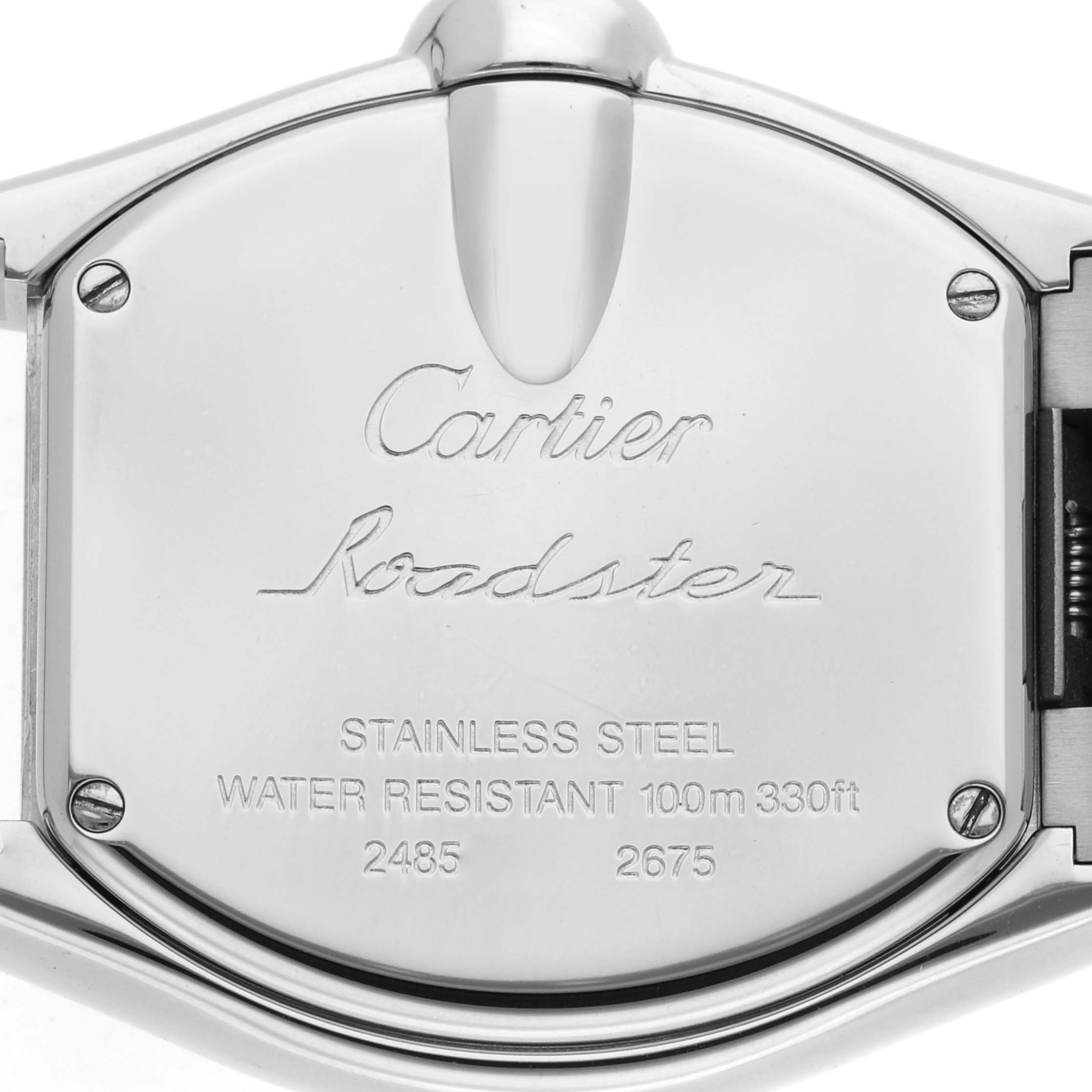 The image shows the back case of a Cartier Roadster W62017V3 Women's Stainless Steel Pink Dial W62017V3 Women's Stainless Steel Pink Dial watch, highlighting its engravings and water resistance details.