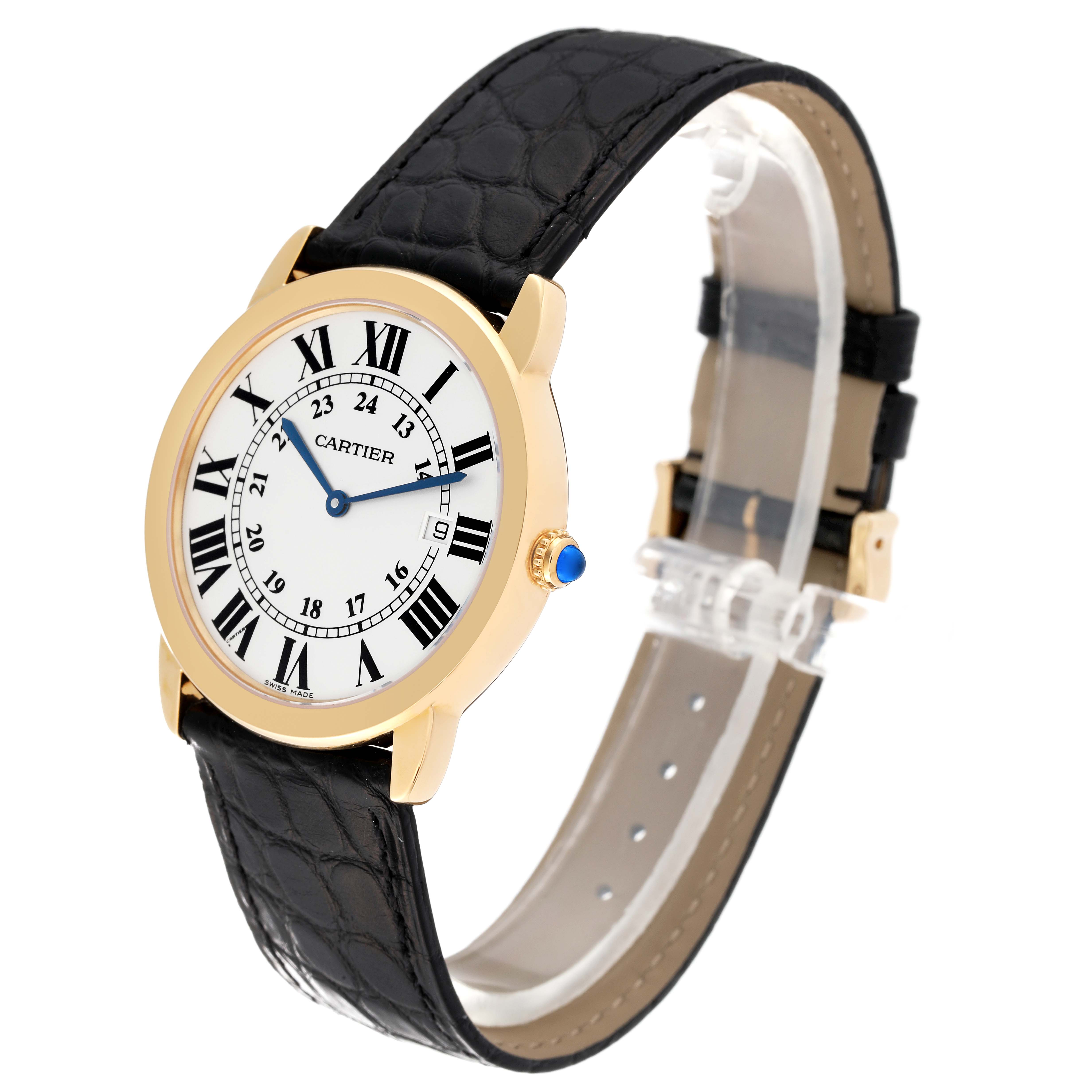 This image shows the Cartier Ronde W6700455 Men
s Steel and Gold (two tone) Silver Dial W6700455 Men
s Steel and Gold (two tone) Silver Dial model watch at a side angle, displaying its face, band, and crown.
