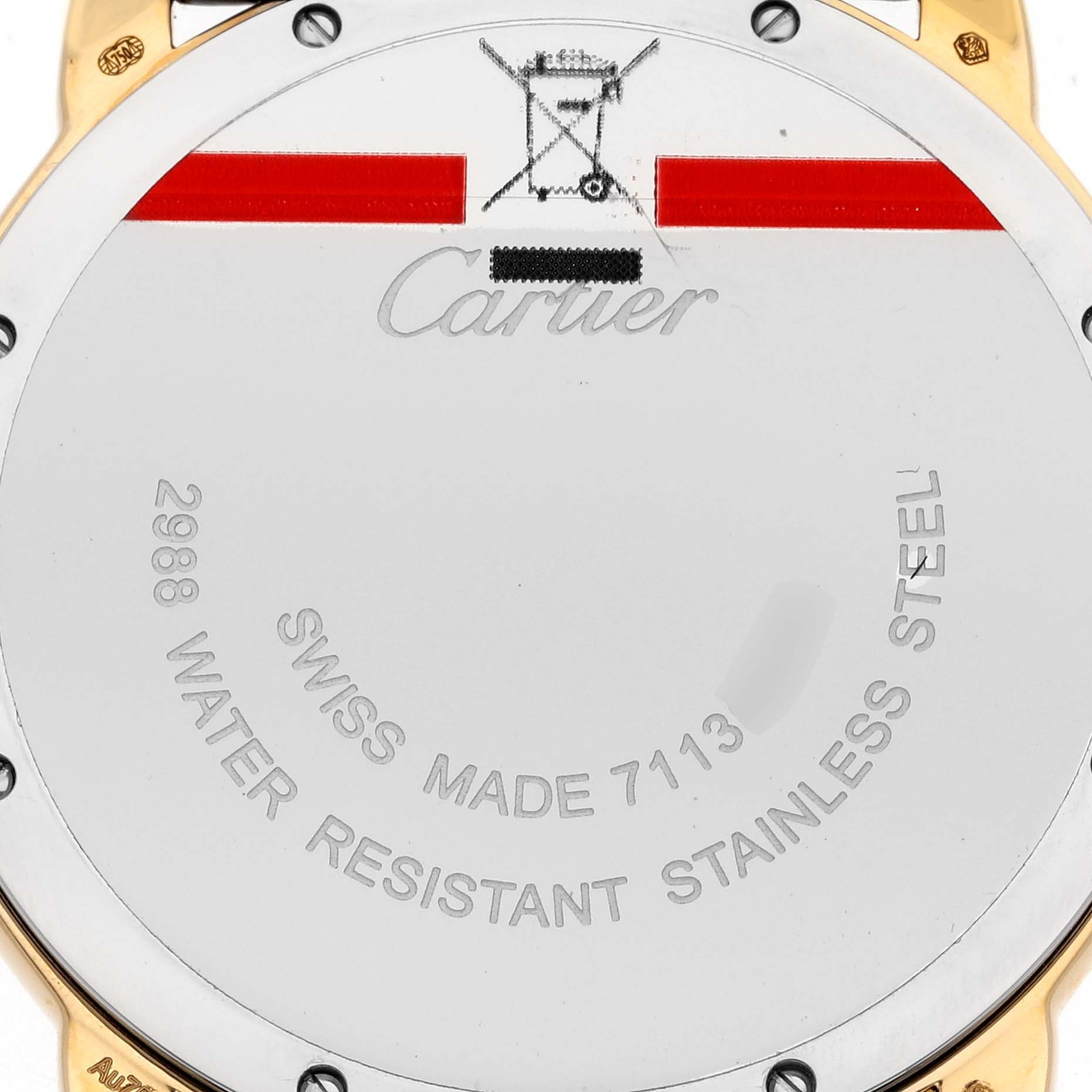 The image shows the backside of a Cartier Ronde W6700455 Men
s Steel and Gold (two tone) Silver Dial W6700455 Men
s Steel and Gold (two tone) Silver Dial watch displaying its stainless steel case and inscriptions.