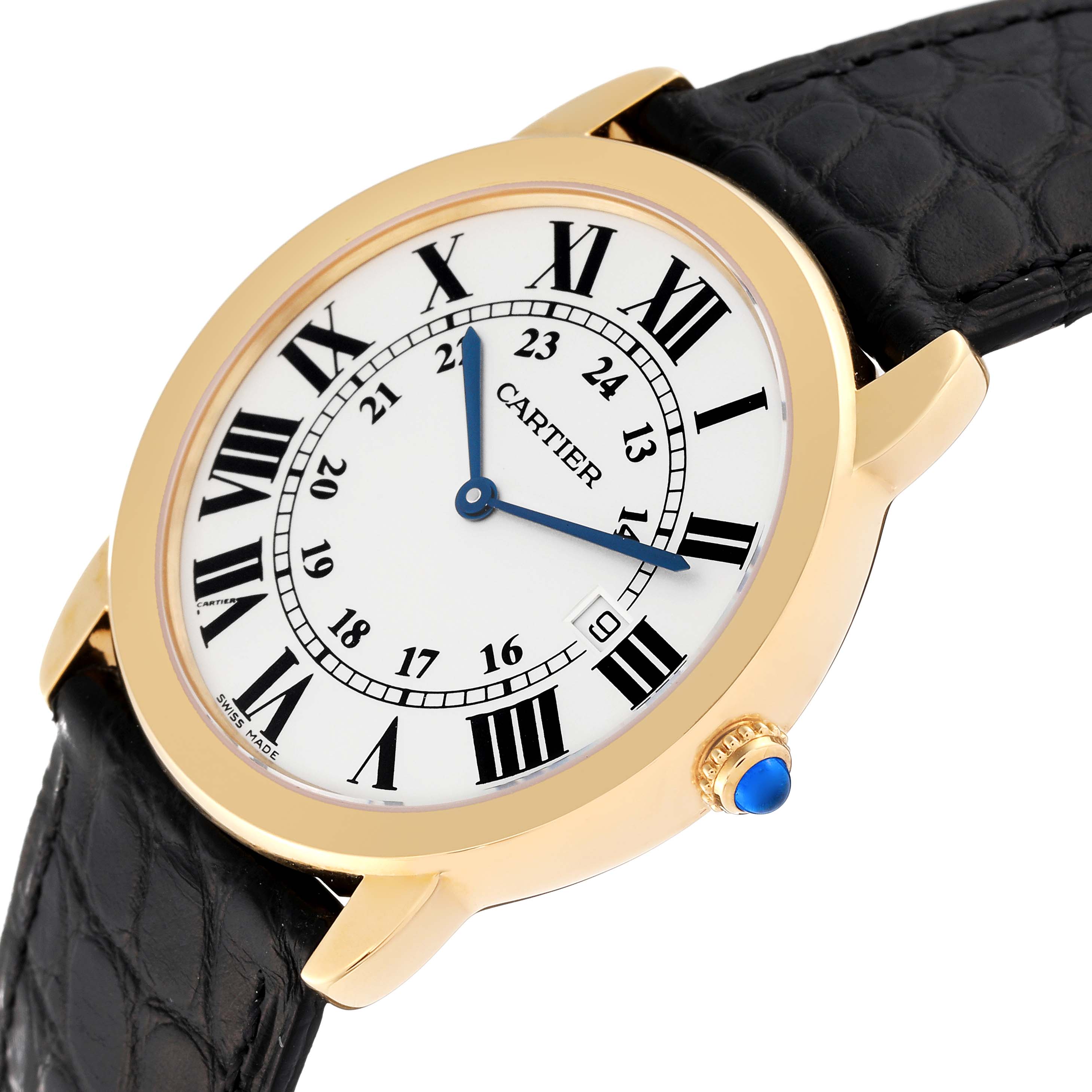 The image shows the face and part of the strap of the Cartier Ronde W6700455 Men
s Steel and Gold (two tone) Silver Dial W6700455 Men
s Steel and Gold (two tone) Silver Dial watch at a slight angle.