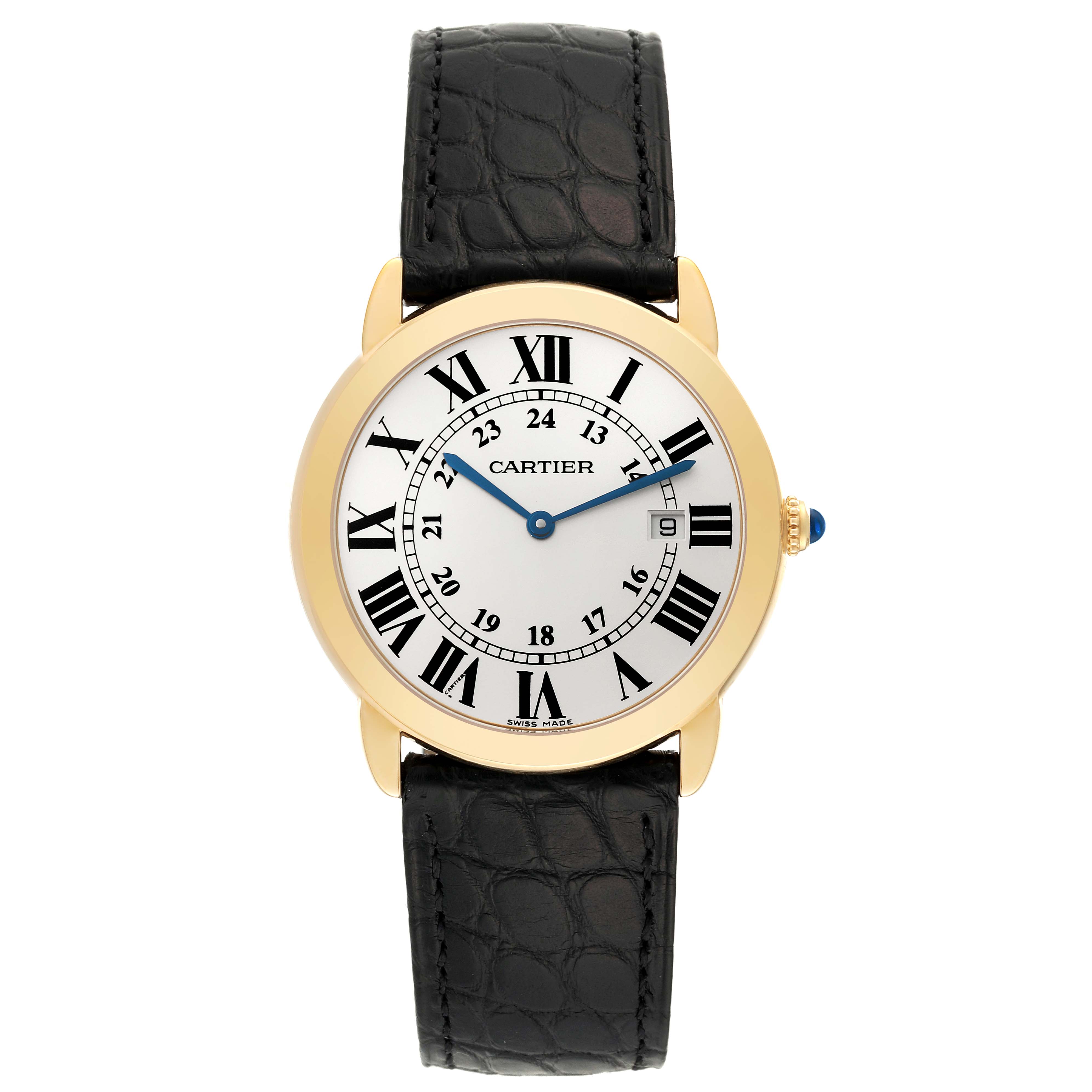 The Cartier Ronde W6700455 Men
s Steel and Gold (two tone) Silver Dial W6700455 Men
s Steel and Gold (two tone) Silver Dial model watch is shown from a top-down angle, displaying its face, leather strap, and gold casing.