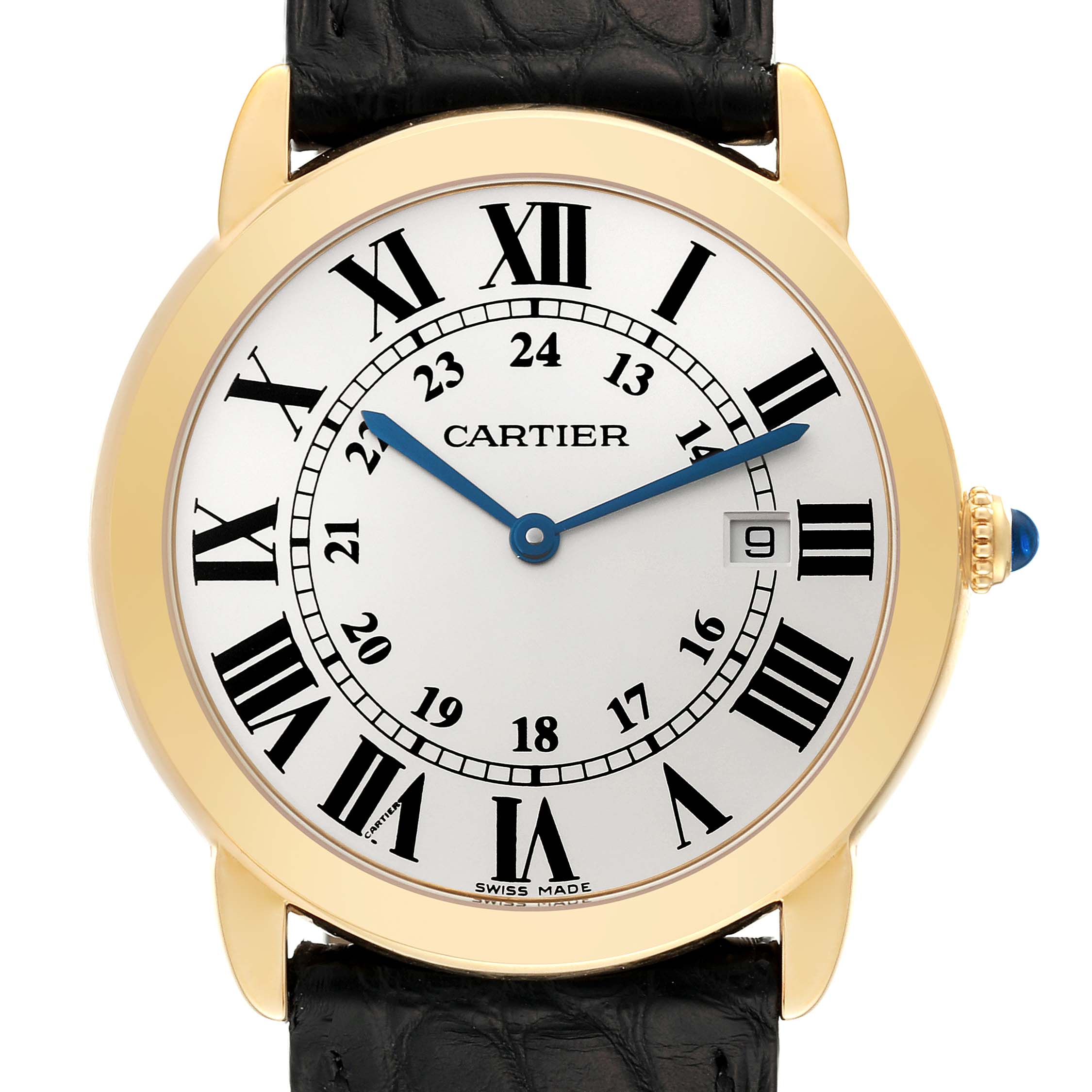 The image displays a Cartier Ronde W6700455 Men
s Steel and Gold (two tone) Silver Dial W6700455 Men
s Steel and Gold (two tone) Silver Dial watch from a straightforward, front-facing angle showing its face, leather strap, and crown.