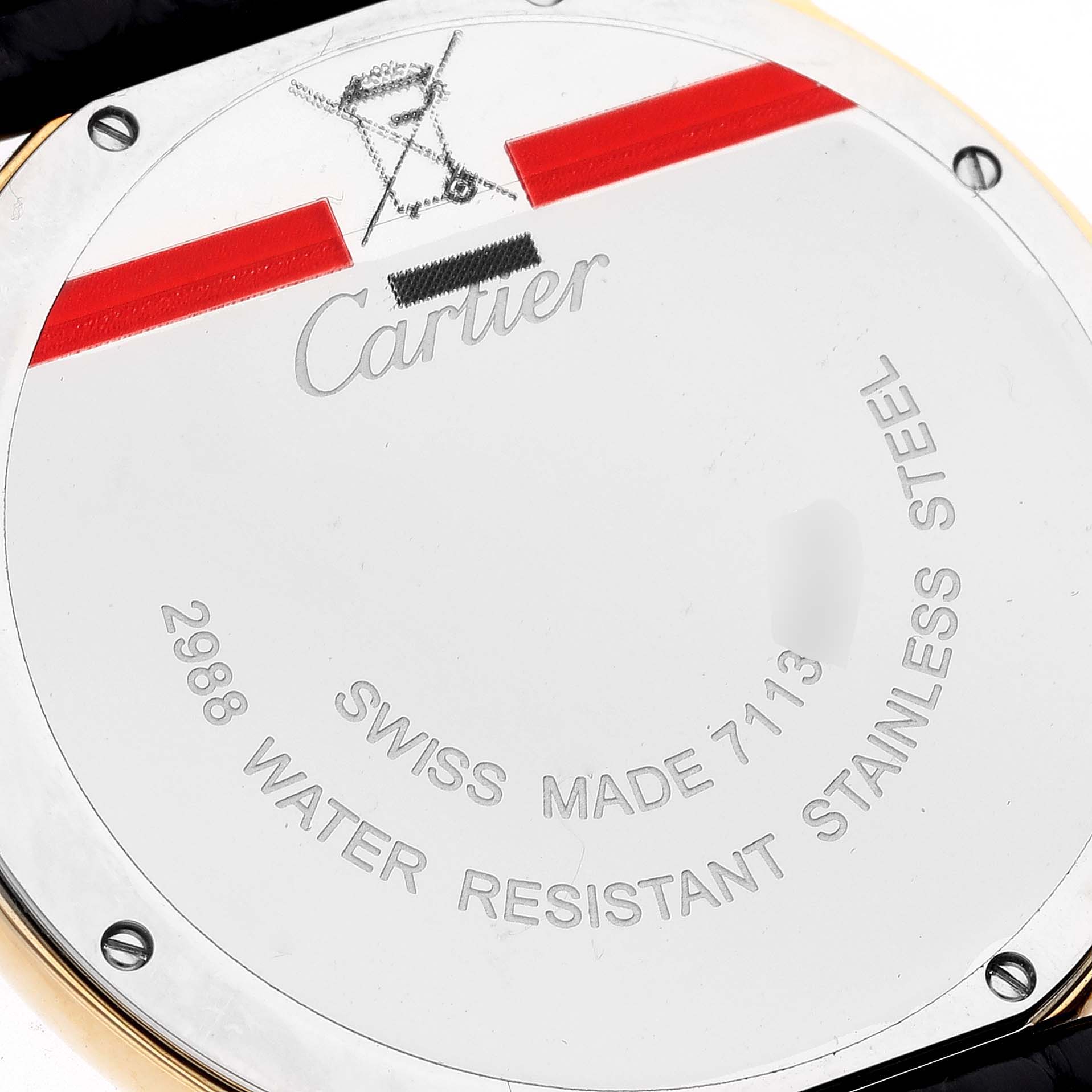 The image shows the stainless steel back of a Cartier Ronde W6700455 Men
s Yellow Gold Silver Dial W6700455 Men
s Yellow Gold Silver Dial watch, highlighting the engraved brand, model number, and water resistance details.