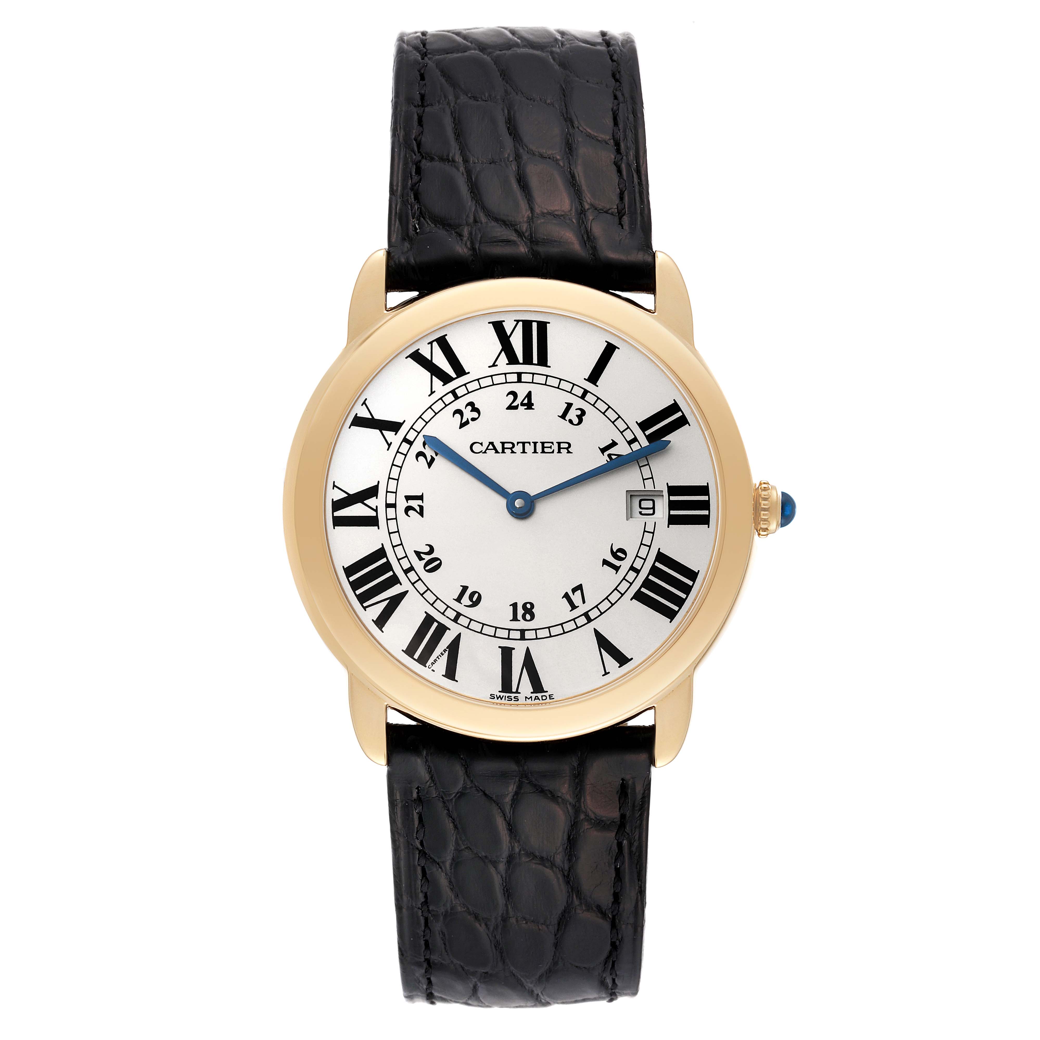 The image shows a frontal view of a Cartier Ronde W6700455 Men
s Yellow Gold Silver Dial W6700455 Men
s Yellow Gold Silver Dial watch with a gold case, Roman numeral dial, and black leather strap.
