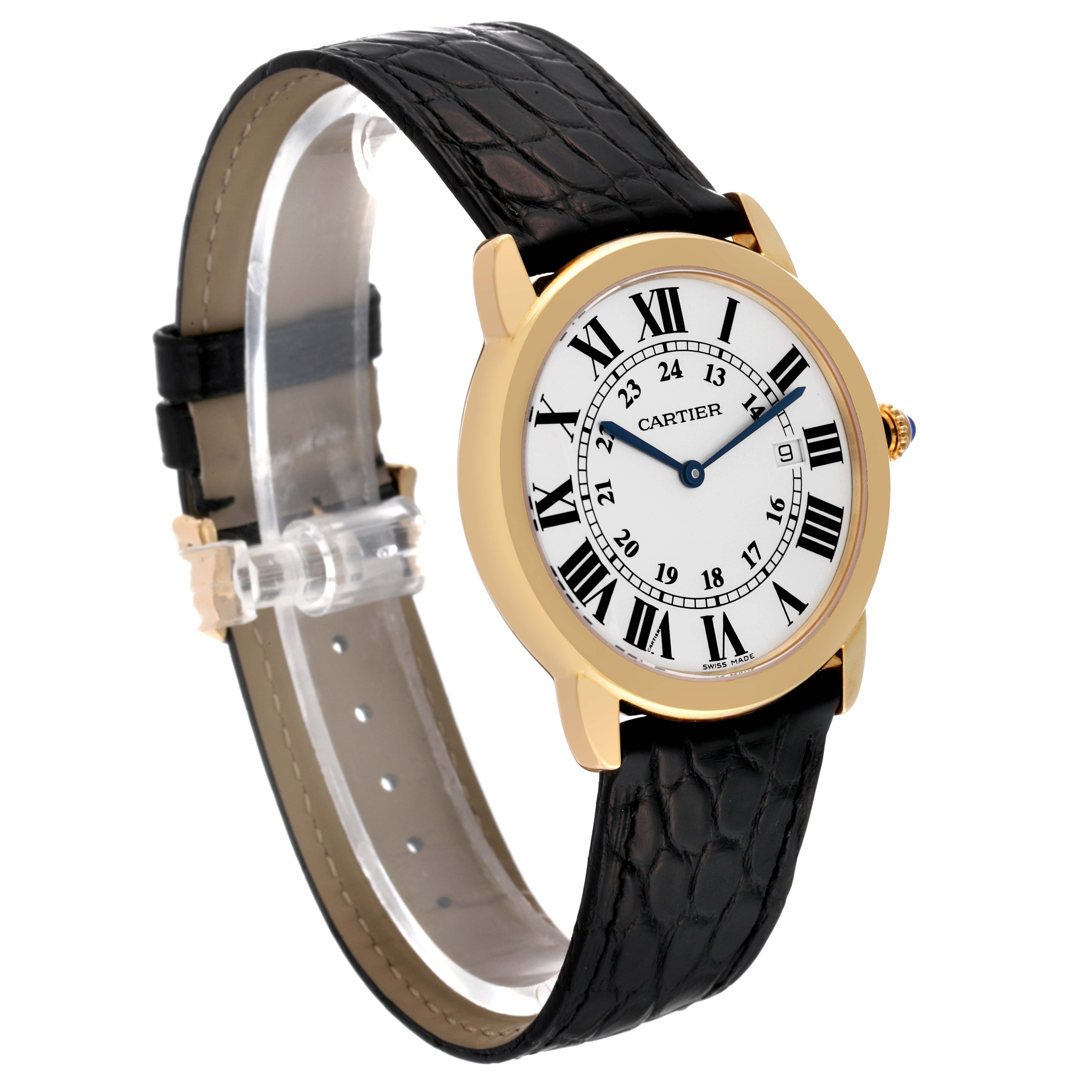 The Cartier Ronde W6700455 Men
s Yellow Gold Silver Dial W6700455 Men
s Yellow Gold Silver Dial model watch is shown at a slight angle, displaying the face, bezel, and black leather strap.