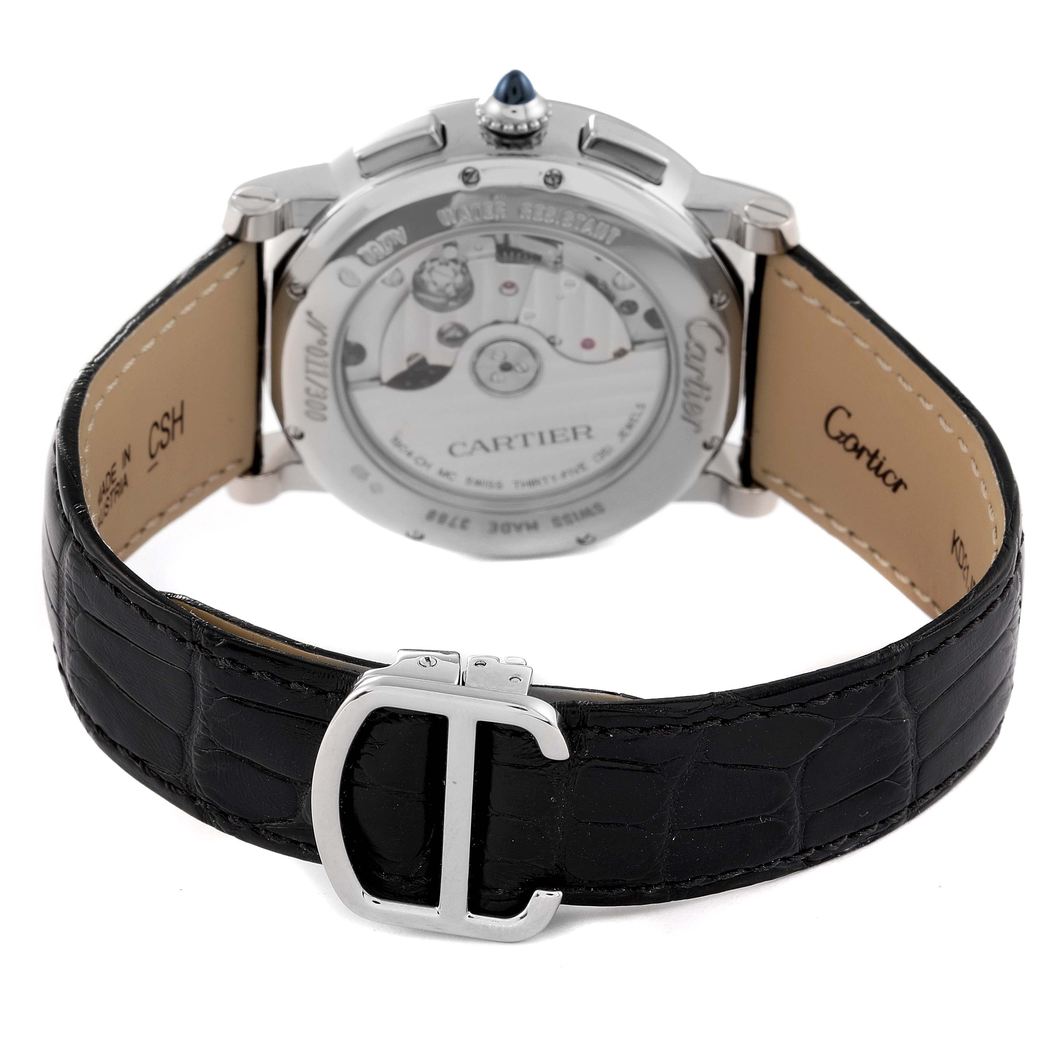 The image shows the back angle of a Cartier Rotonde W1556239 Men's White Gold Blue Dial W1556239 Men's White Gold Blue Dial watch, displaying its movement and leather strap.