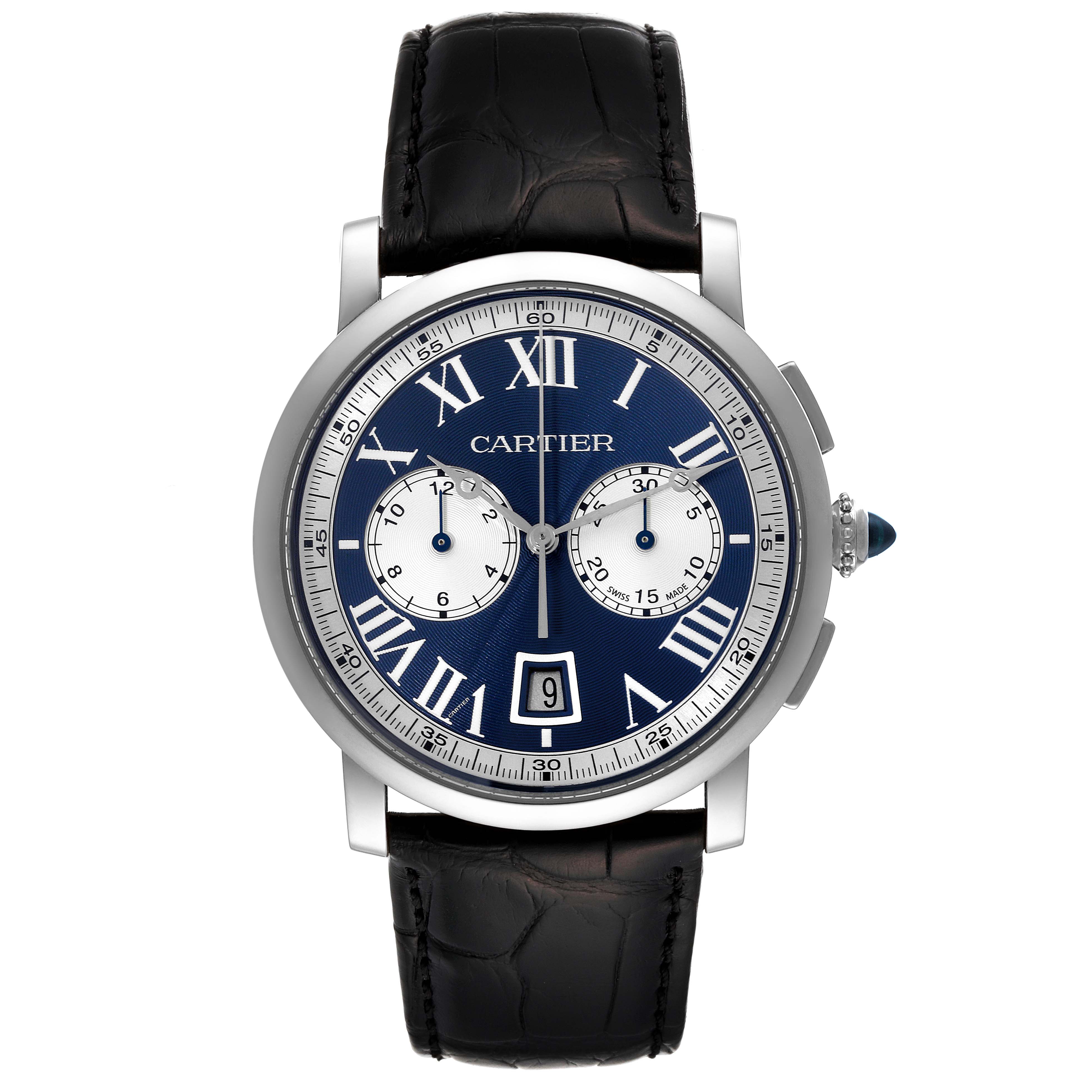 This image shows a front view of the Rotonde model by Cartier, featuring a blue dial, Roman numerals, and a black leather strap.