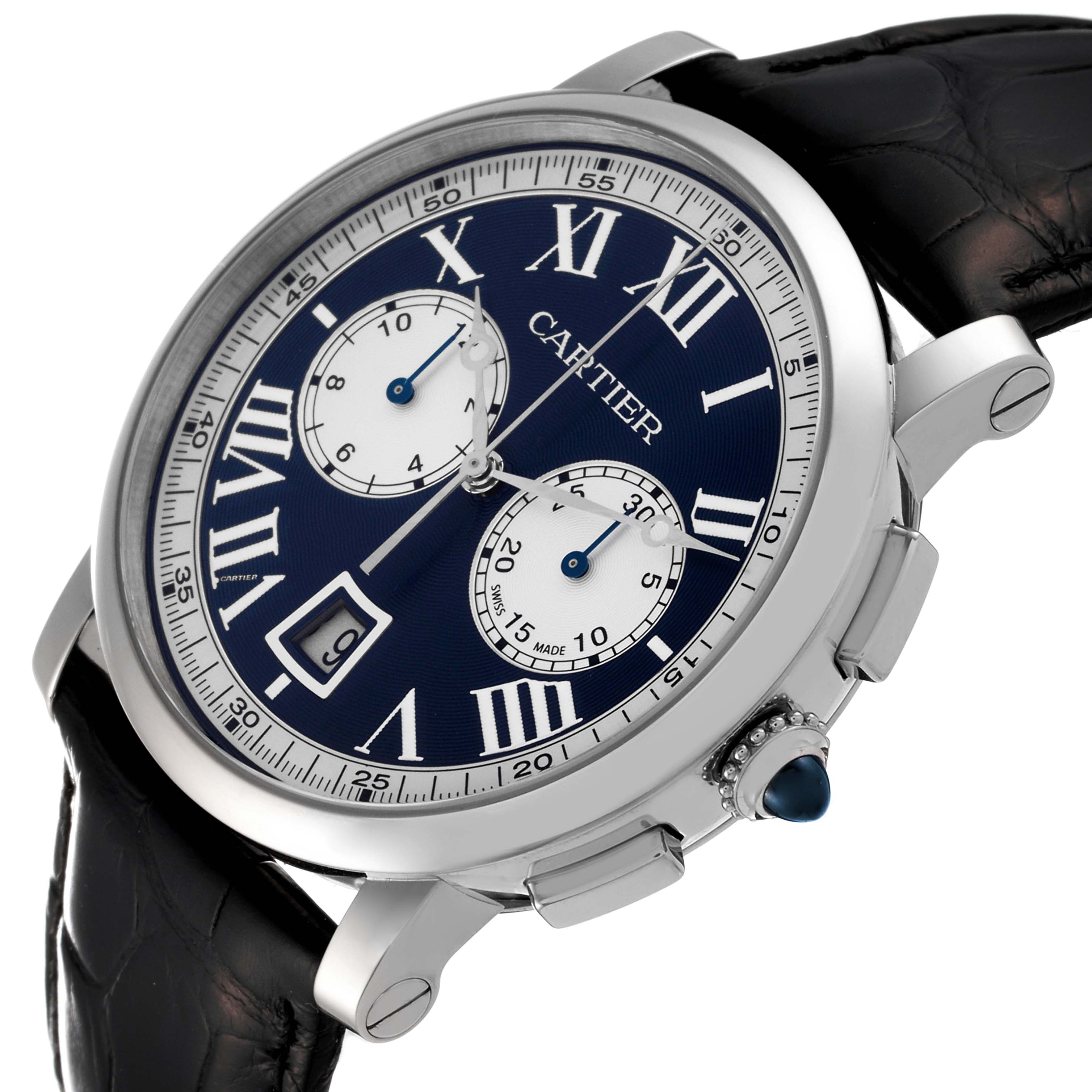 This image shows a close-up, angled view of the Rotonde de Cartier watch face and crown, emphasizing its Roman numerals and sub-dials.