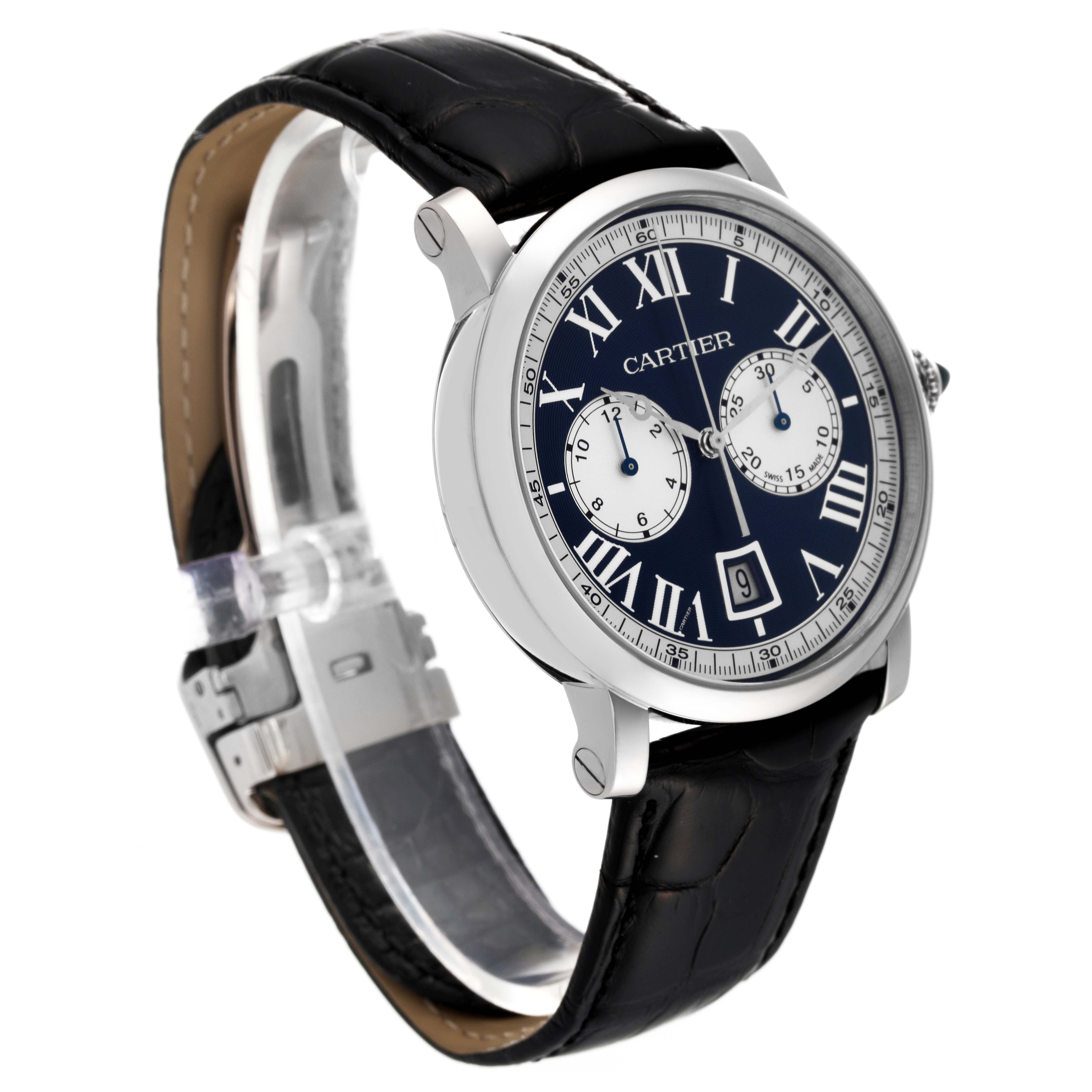 The image shows a Cartier Rotonde W1556239 Men's White Gold Blue Dial W1556239 Men's White Gold Blue Dial watch from an angled view, displaying the face, crown, and leather strap.