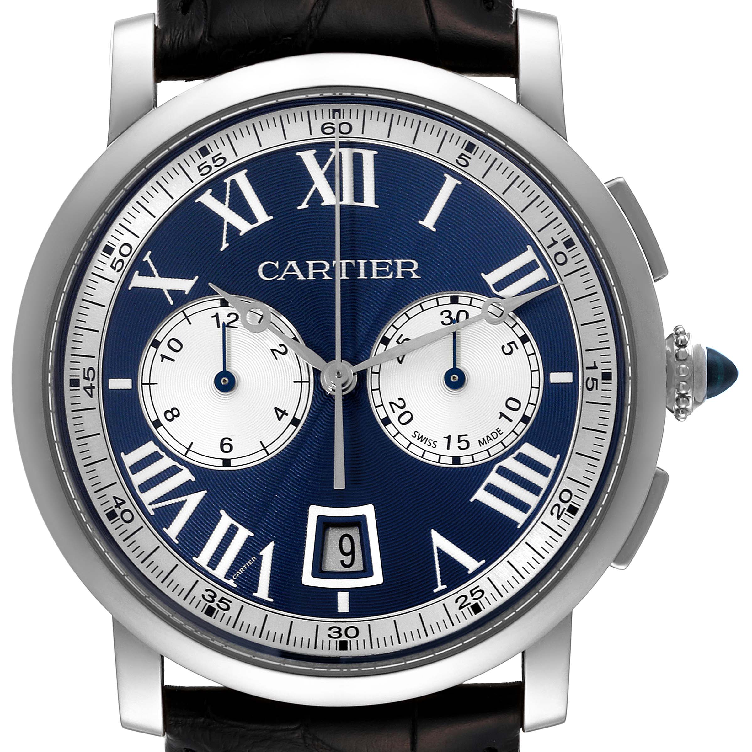 The image shows a close-up front view of the Cartier Rotonde W1556239 Men's White Gold Blue Dial W1556239 Men's White Gold Blue Dial watch, highlighting the face, dials, and crown.