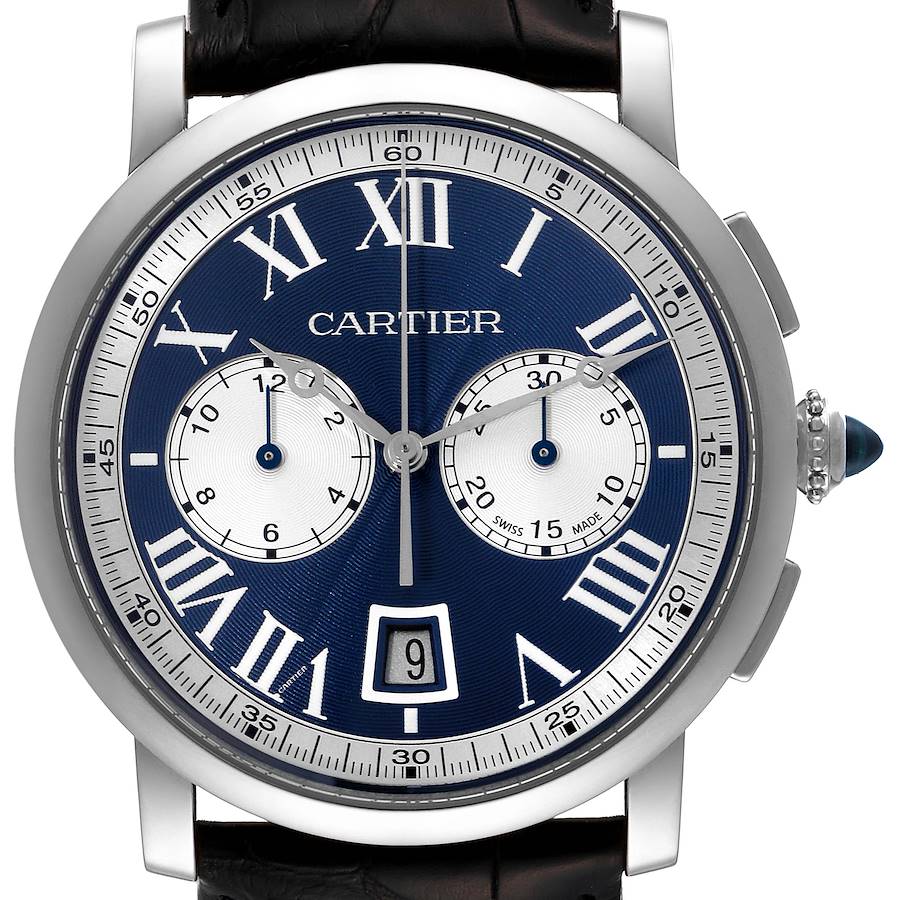 Cartier Rotonde Chronograph White Gold Blue Dial Mens Watch W1556239 Box Papers SwissWatchExpo