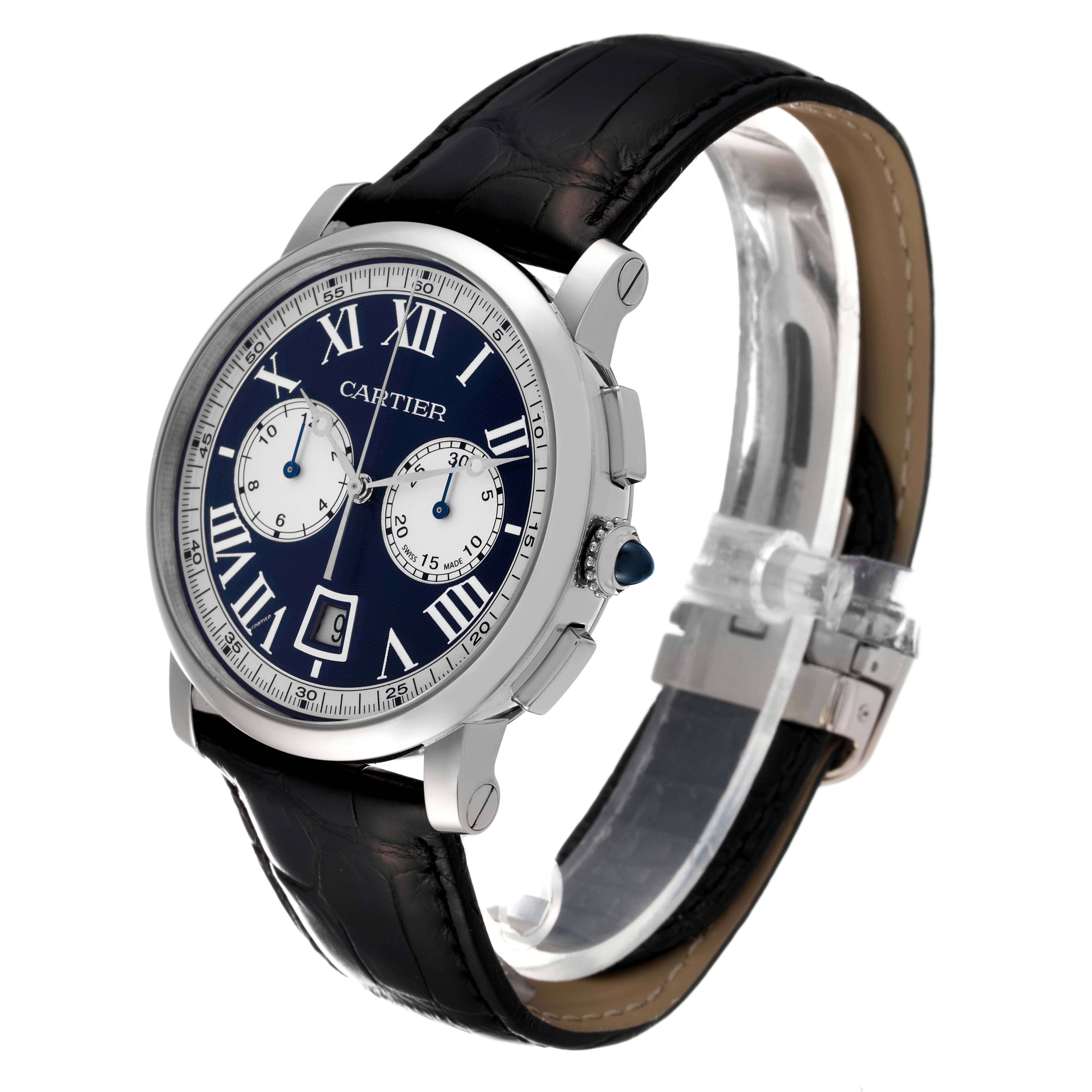 The Rotonde de Cartier watch is shown at a slight angle, displaying its blue dial, Roman numerals, and black leather strap.