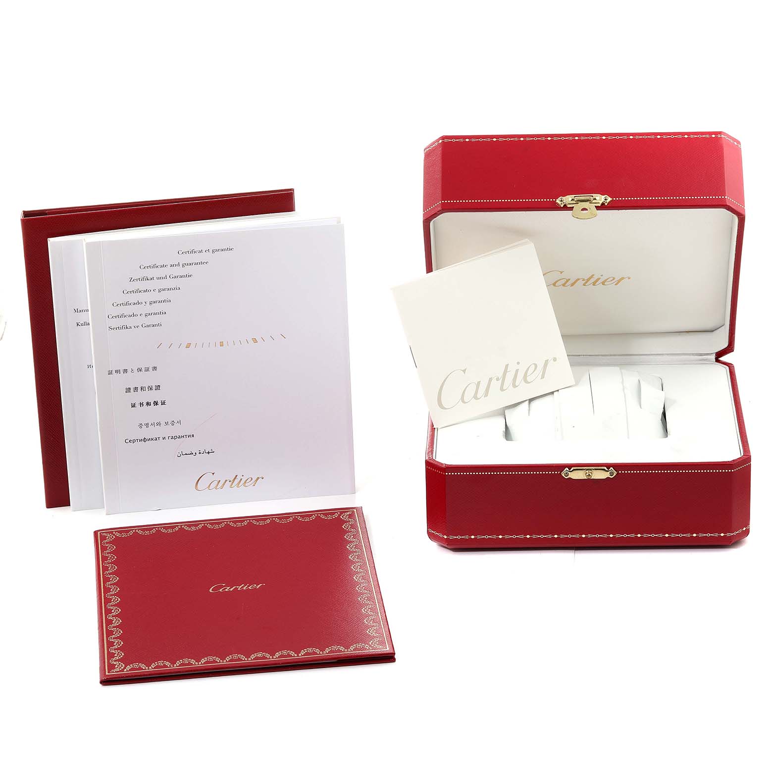 The image shows the packaging and documentation for a Cartier Rotonde W1556239 Men's White Gold Blue Dial W1556239 Men's White Gold Blue Dial model watch, including its red box, manuals, and certificates.