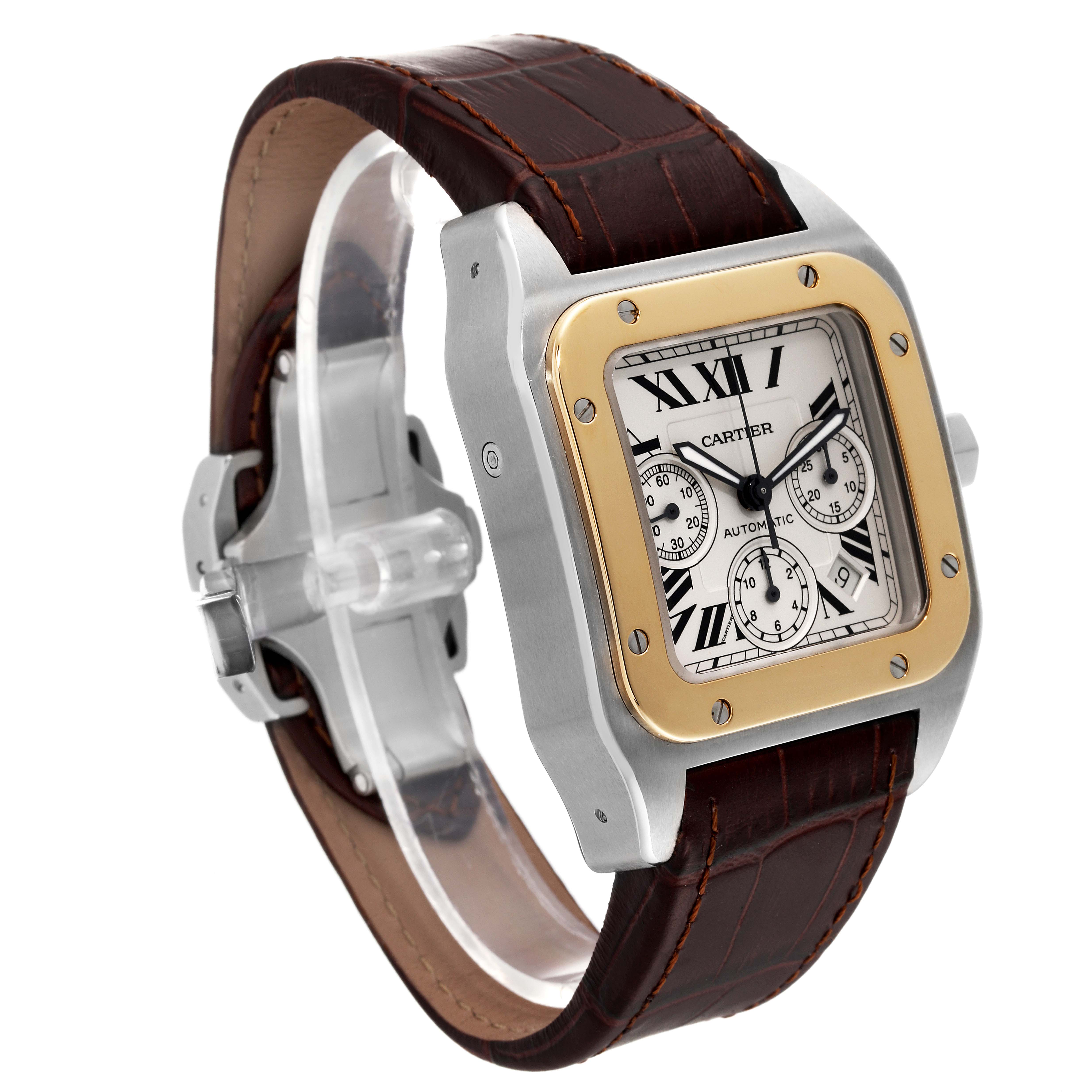 This image shows a Cartier Santos W20091X7 Men
s Steel and Gold (two tone) Silver Dial W20091X7 Men
s Steel and Gold (two tone) Silver Dial watch, with a close-up of the face, bezel, and strap, taken from a front-side angle.