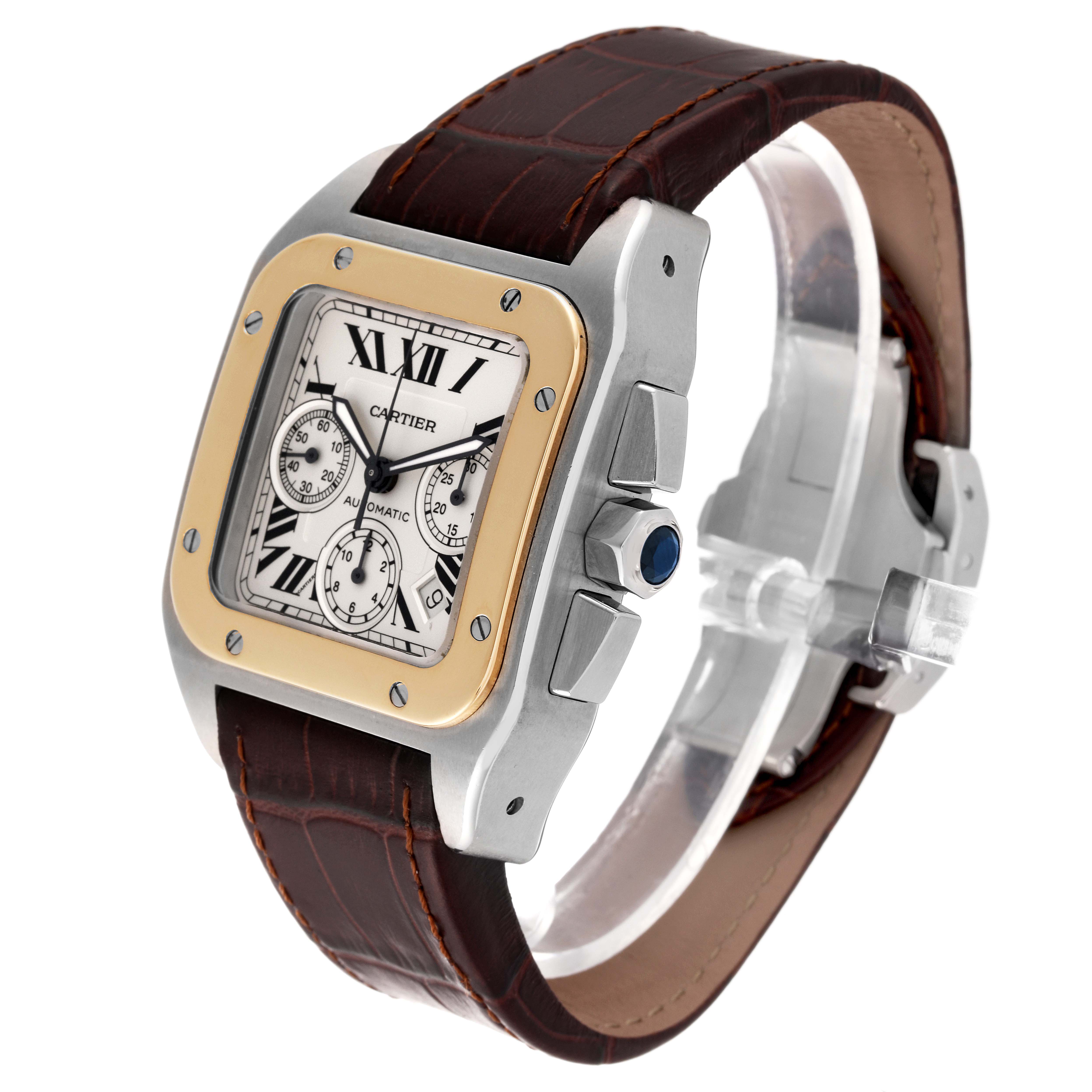 The image shows a Cartier Santos W20091X7 Men
s Steel and Gold (two tone) Silver Dial W20091X7 Men
s Steel and Gold (two tone) Silver Dial watch at a slight angle, featuring the dial, crown, case, and leather strap.