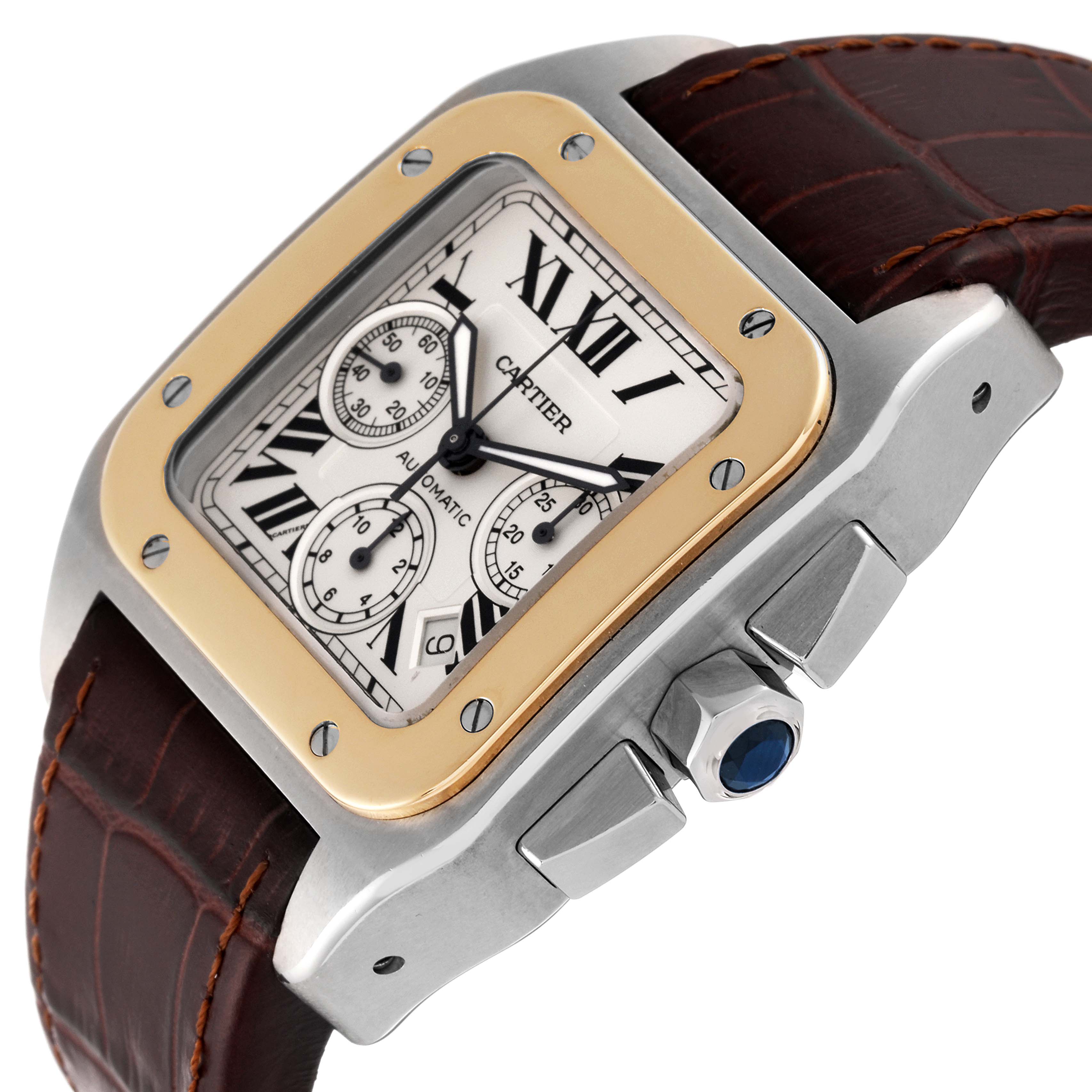 The image shows a Cartier Santos W20091X7 Men
s Steel and Gold (two tone) Silver Dial W20091X7 Men
s Steel and Gold (two tone) Silver Dial watch at an angle highlighting the bezel, dial, crown, and leather strap.