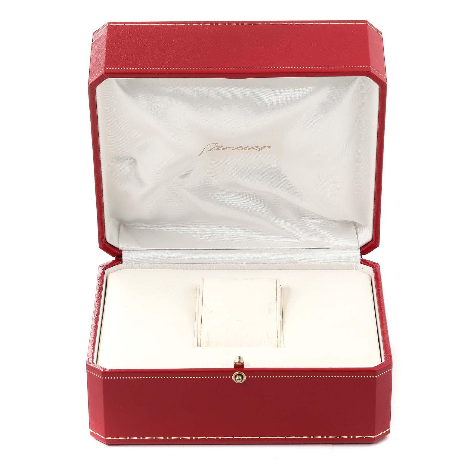 The image shows an open Cartier watch box for a Santos model, displaying the interior without the watch.