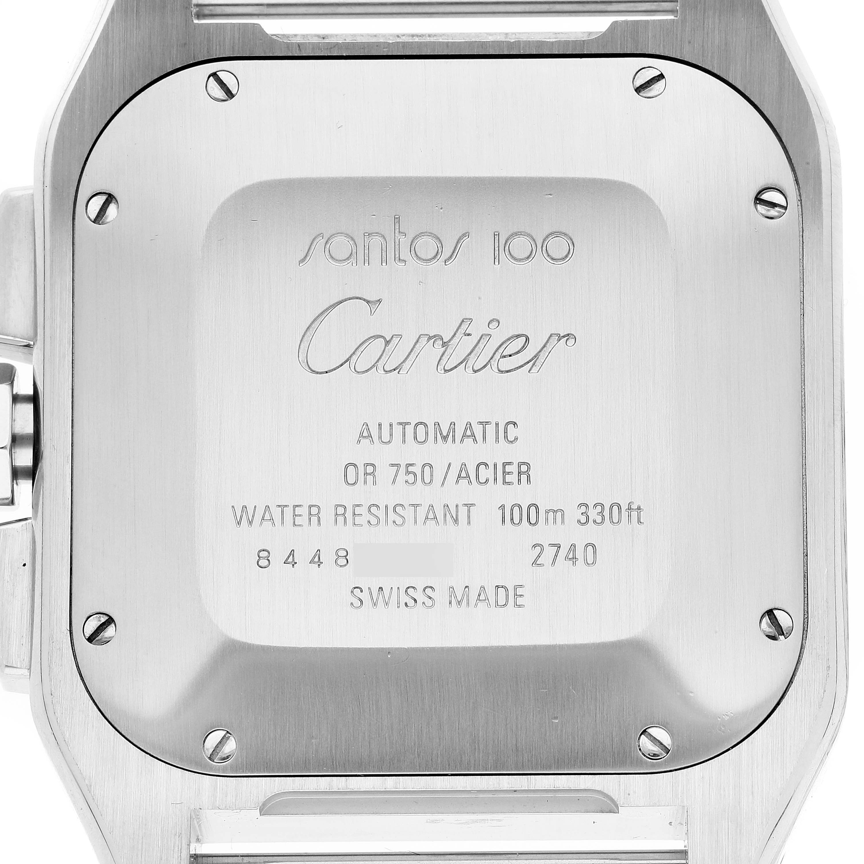 This image shows the case back of a Cartier Santos W20091X7 Men
s Steel and Gold (two tone) Silver Dial W20091X7 Men
s Steel and Gold (two tone) Silver Dial 100 watch, highlighting its inscriptions and screws.