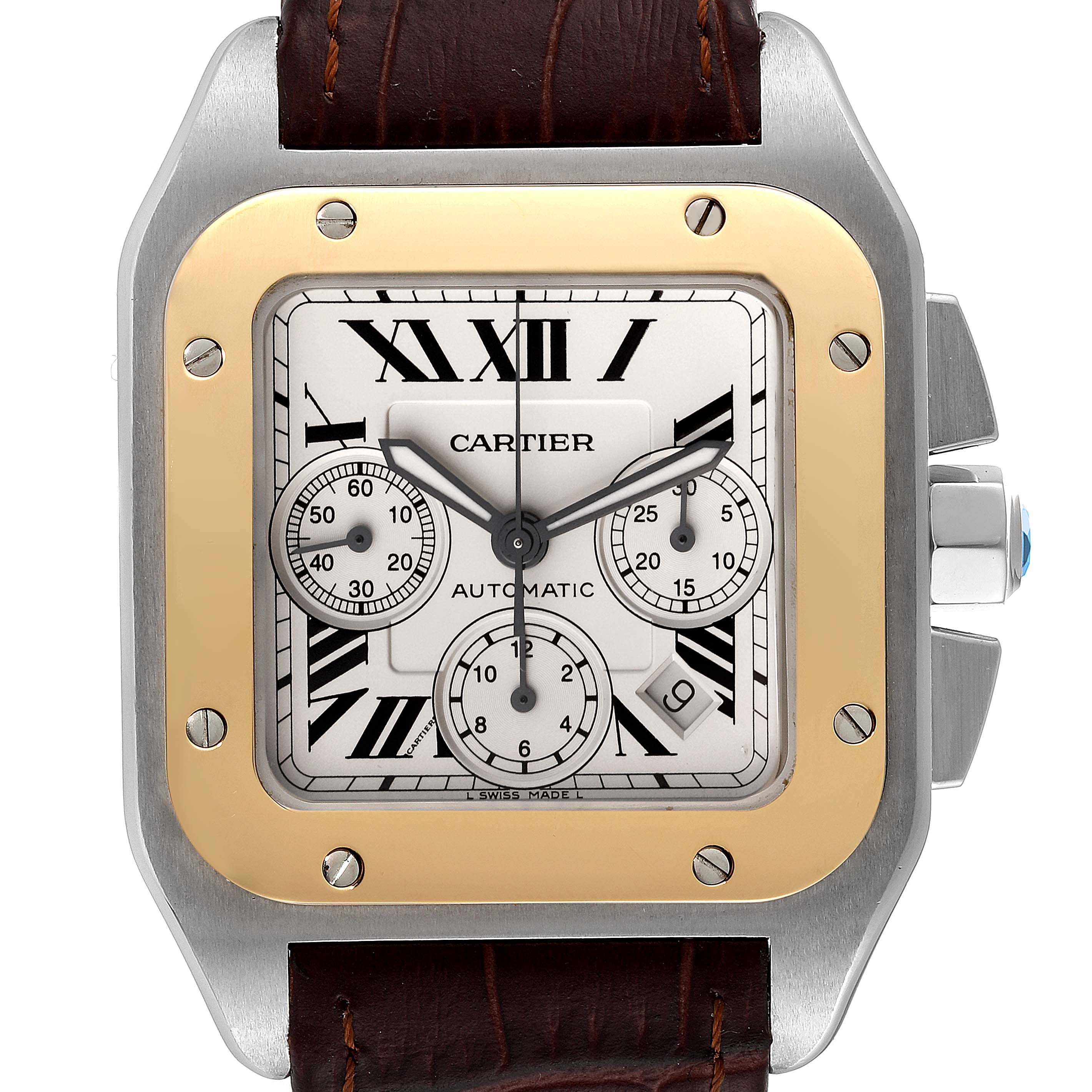 The image shows a front view of a Cartier Santos W20091X7 Men
s Steel and Gold (two tone) Silver Dial W20091X7 Men
s Steel and Gold (two tone) Silver Dial model watch, highlighting its dial, bezel, and part of the leather strap.