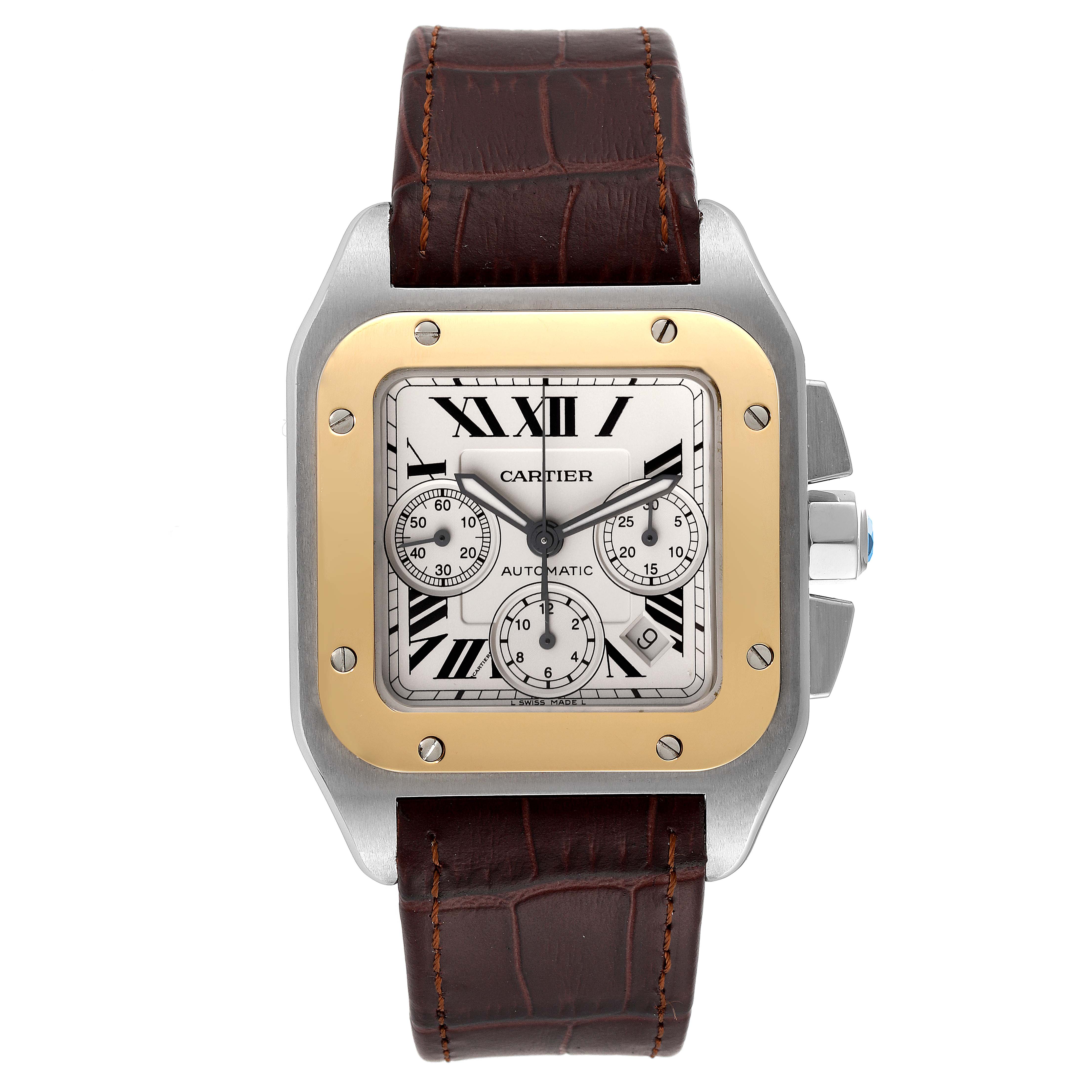 This image shows a Santos model by Cartier watch from a front view, displaying the dial, bezel, and leather strap.