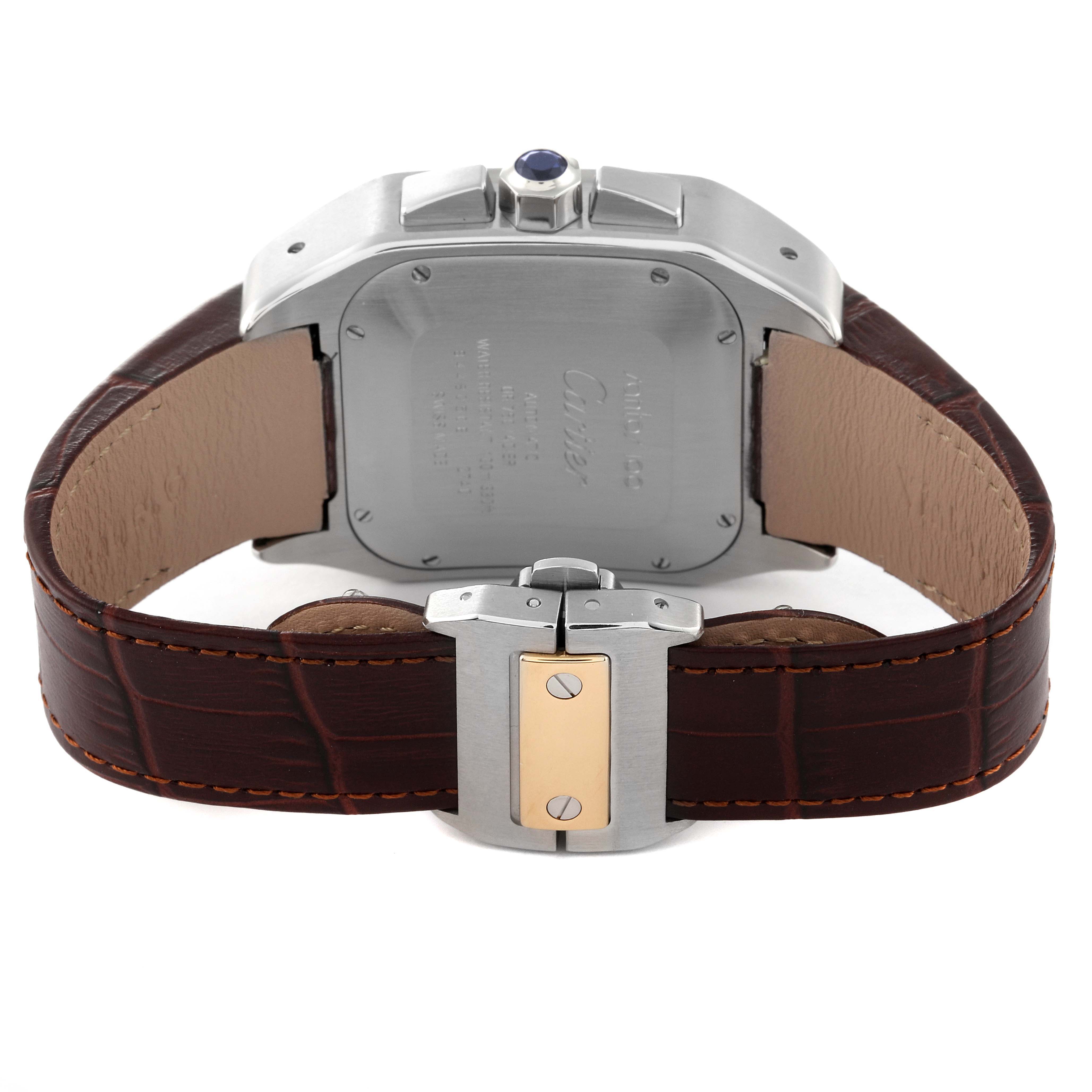 The image shows the backside of the Santos model by Cartier, highlighting the case back, strap, and clasp.