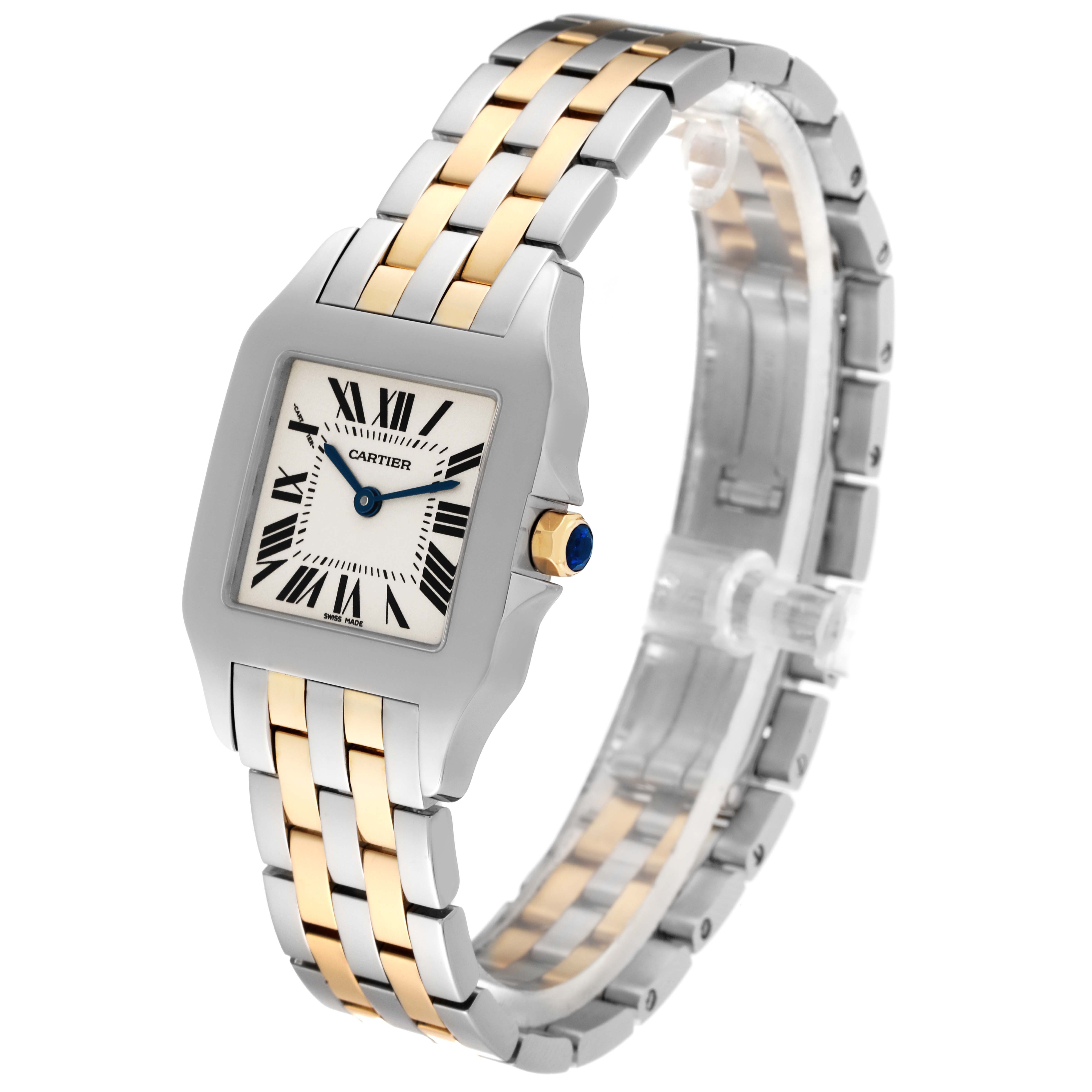 This image shows the Cartier Santos Demoiselle W25067Z6 Women
s Steel and Gold (two tone) Silver Dial W25067Z6 Women
s Steel and Gold (two tone) Silver Dial watch at a slight angle, highlighting its square face and two-tone metal bracelet.