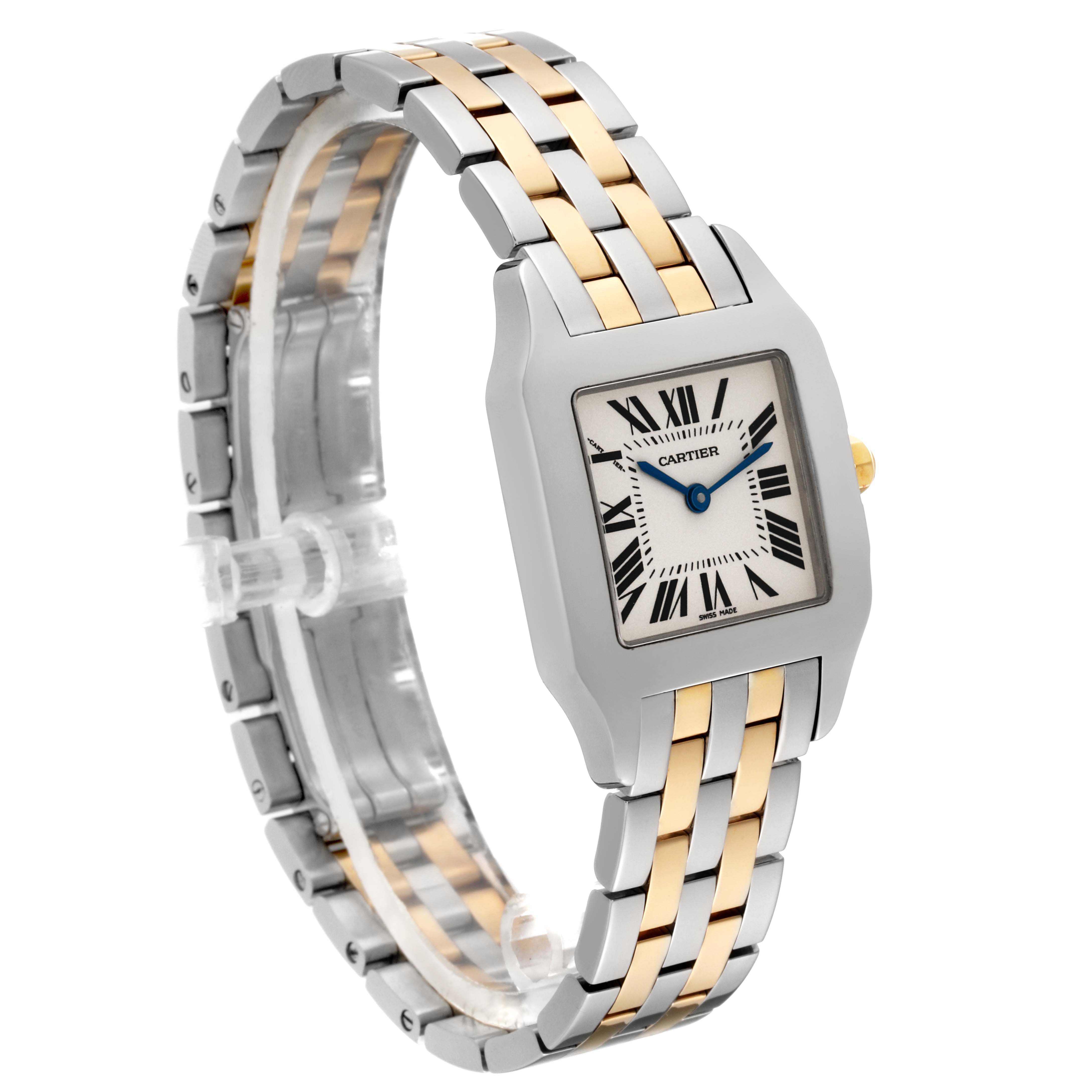 The Cartier Santos Demoiselle W25067Z6 Women
s Steel and Gold (two tone) Silver Dial W25067Z6 Women
s Steel and Gold (two tone) Silver Dial watch is shown at a three-quarter angle, displaying its face, bezel, and two-tone bracelet.