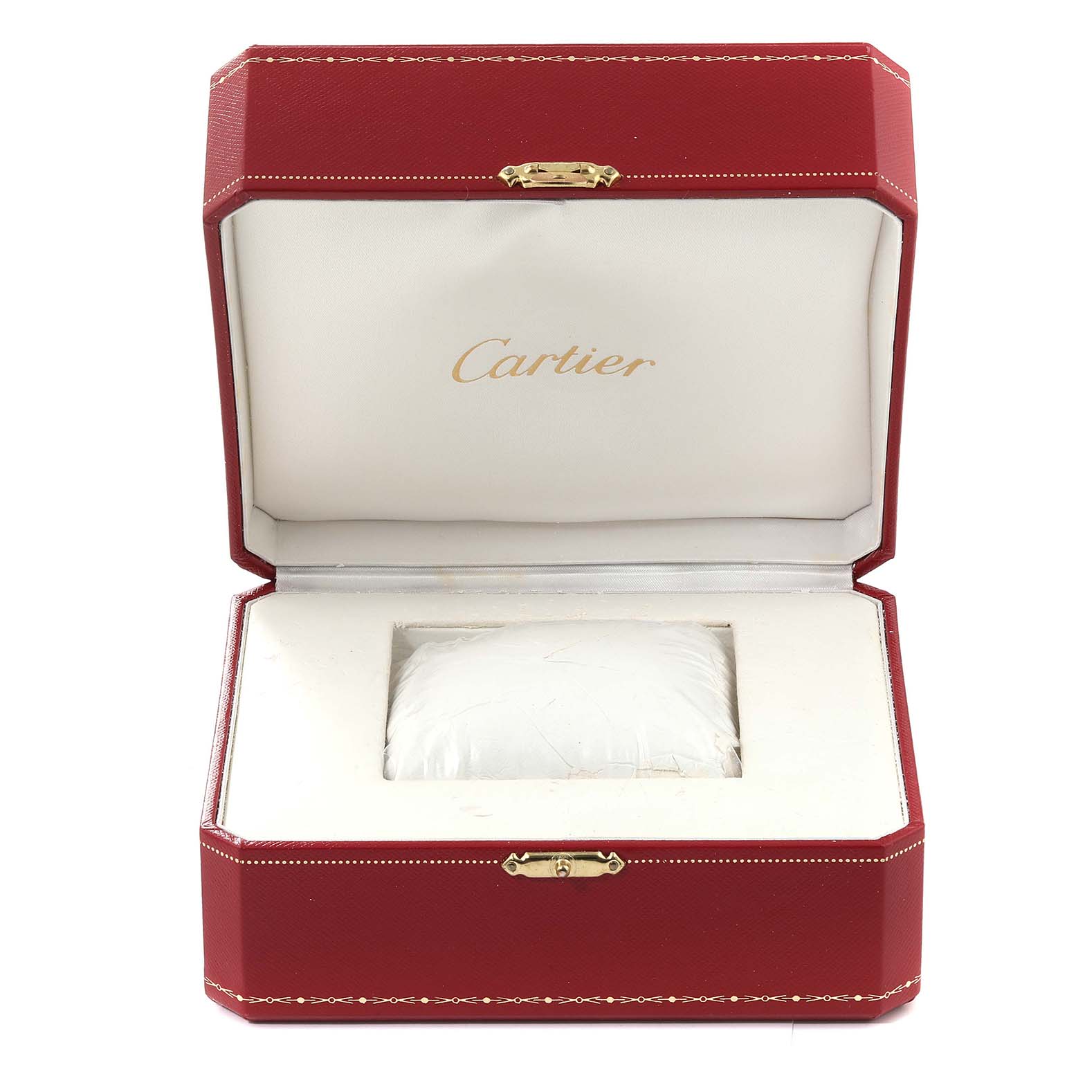 The image shows an open jewelry box for the Cartier Santos Demoiselle W25067Z6 Women
s Steel and Gold (two tone) Silver Dial W25067Z6 Women
s Steel and Gold (two tone) Silver Dial watch, with the brand
s logo visible inside the box.