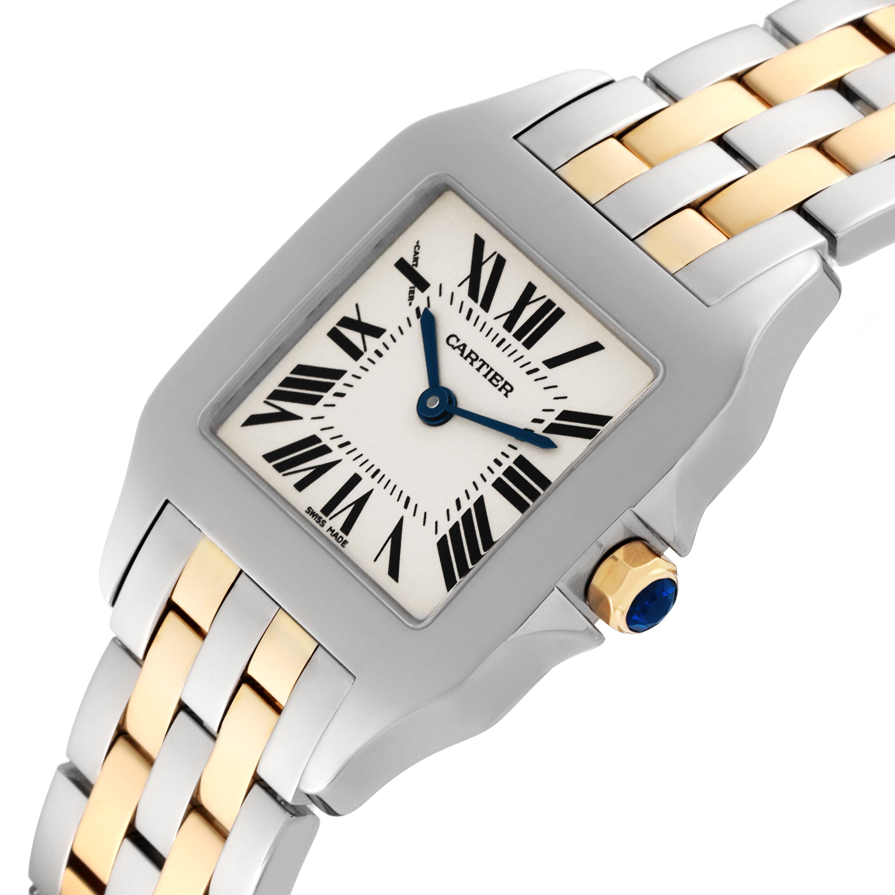 This image shows a close-up of the face and part of the band of the Cartier Santos Demoiselle W25067Z6 Women
s Steel and Gold (two tone) Silver Dial W25067Z6 Women
s Steel and Gold (two tone) Silver Dial watch.