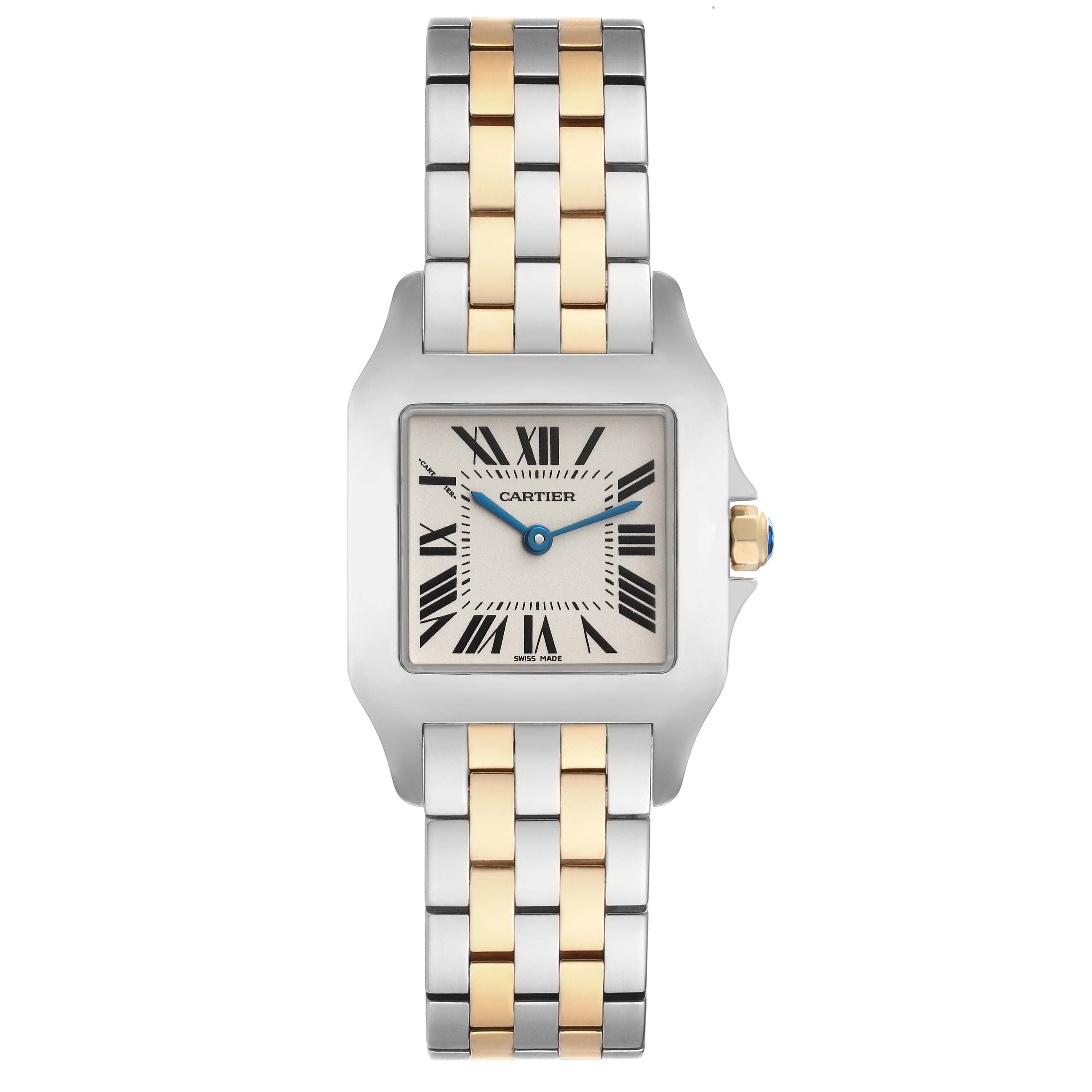 This is a front view of the Cartier Santos Demoiselle W25067Z6 Women
s Steel and Gold (two tone) Silver Dial W25067Z6 Women
s Steel and Gold (two tone) Silver Dial with a two-tone bracelet showing its face and part of the band.