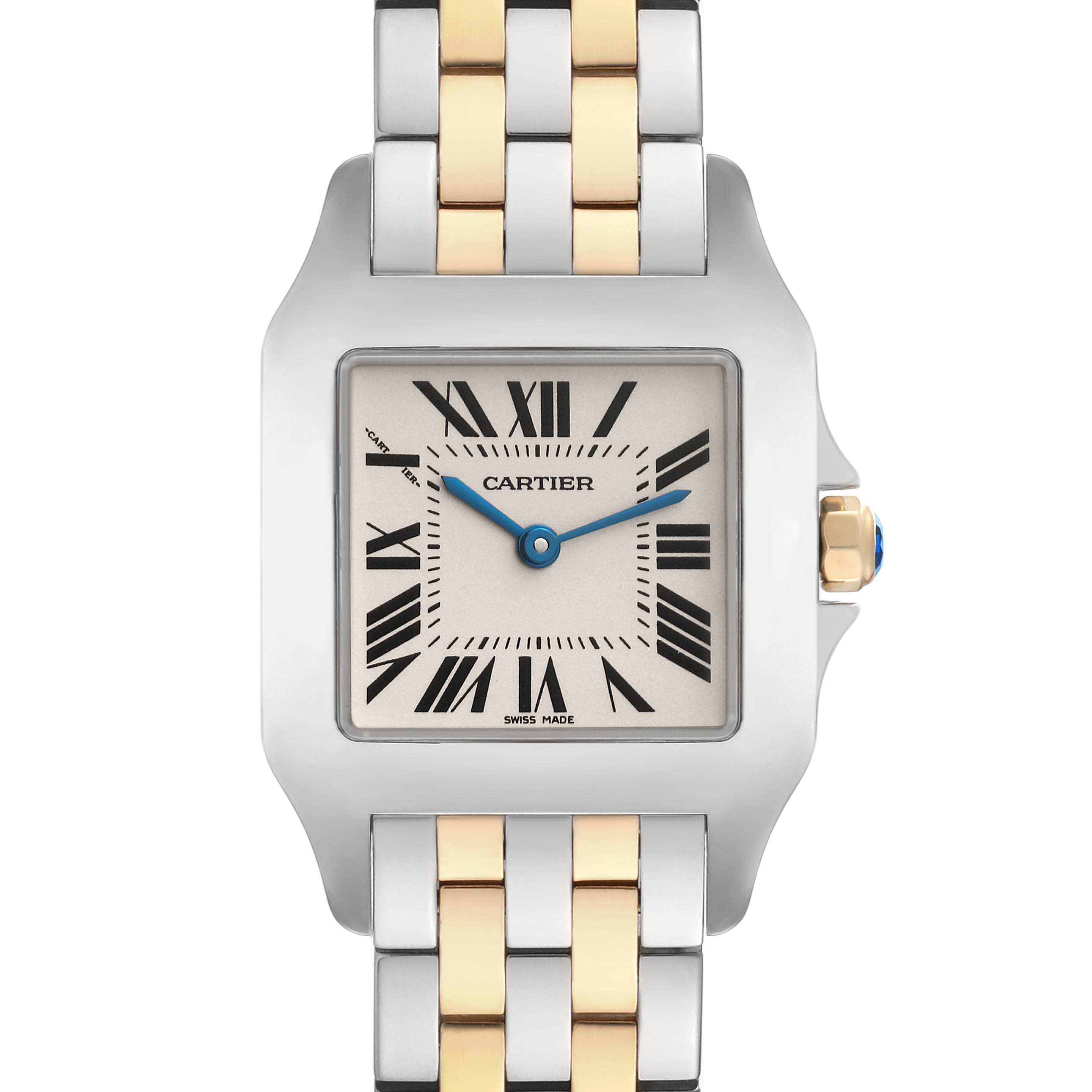 The image showcases a front view of the Cartier Santos Demoiselle W25067Z6 Women
s Steel and Gold (two tone) Silver Dial W25067Z6 Women
s Steel and Gold (two tone) Silver Dial watch, highlighting its dial, case, and two-tone bracelet.