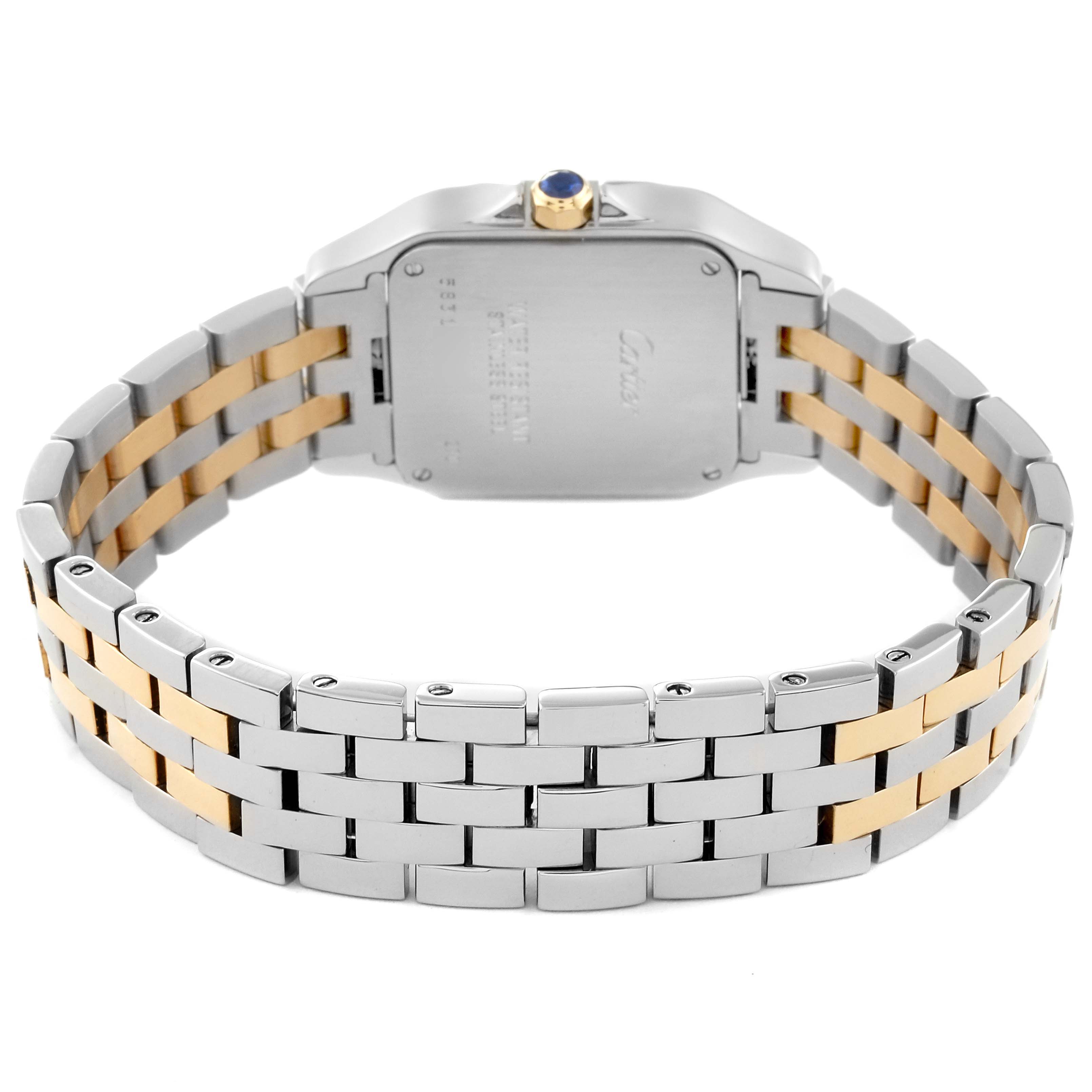 The image shows the back and bracelet of the Cartier Santos Demoiselle W25067Z6 Women
s Steel and Gold (two tone) Silver Dial W25067Z6 Women
s Steel and Gold (two tone) Silver Dial watch, featuring a two-tone metal link design.