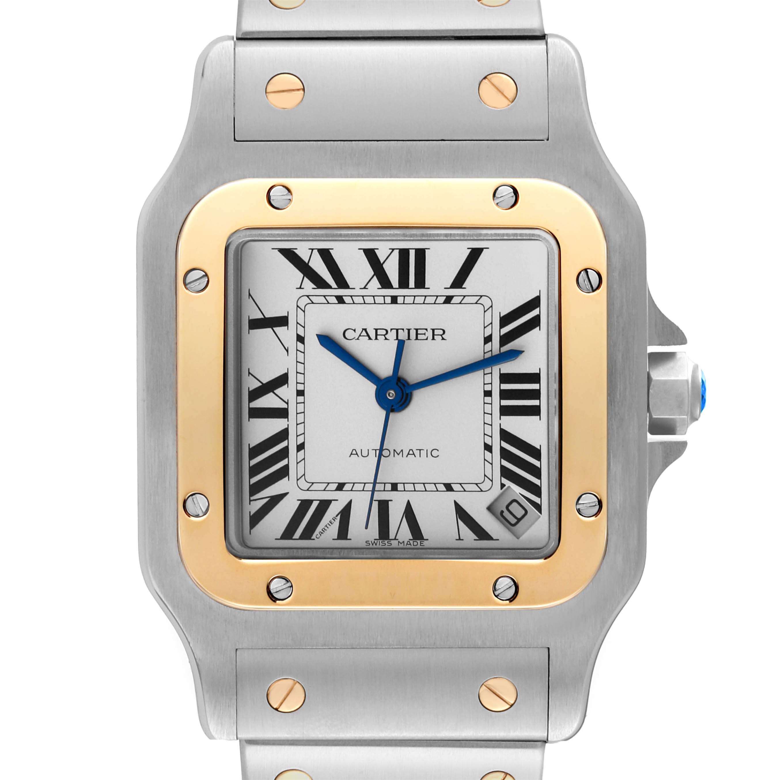 This image shows the face of the Cartier Santos W20099C4 Men's Steel and Gold (two tone) Silver Dial W20099C4 Men's Steel and Gold (two tone) Silver Dial watch, featuring the dial, bezel, and part of the bracelet.