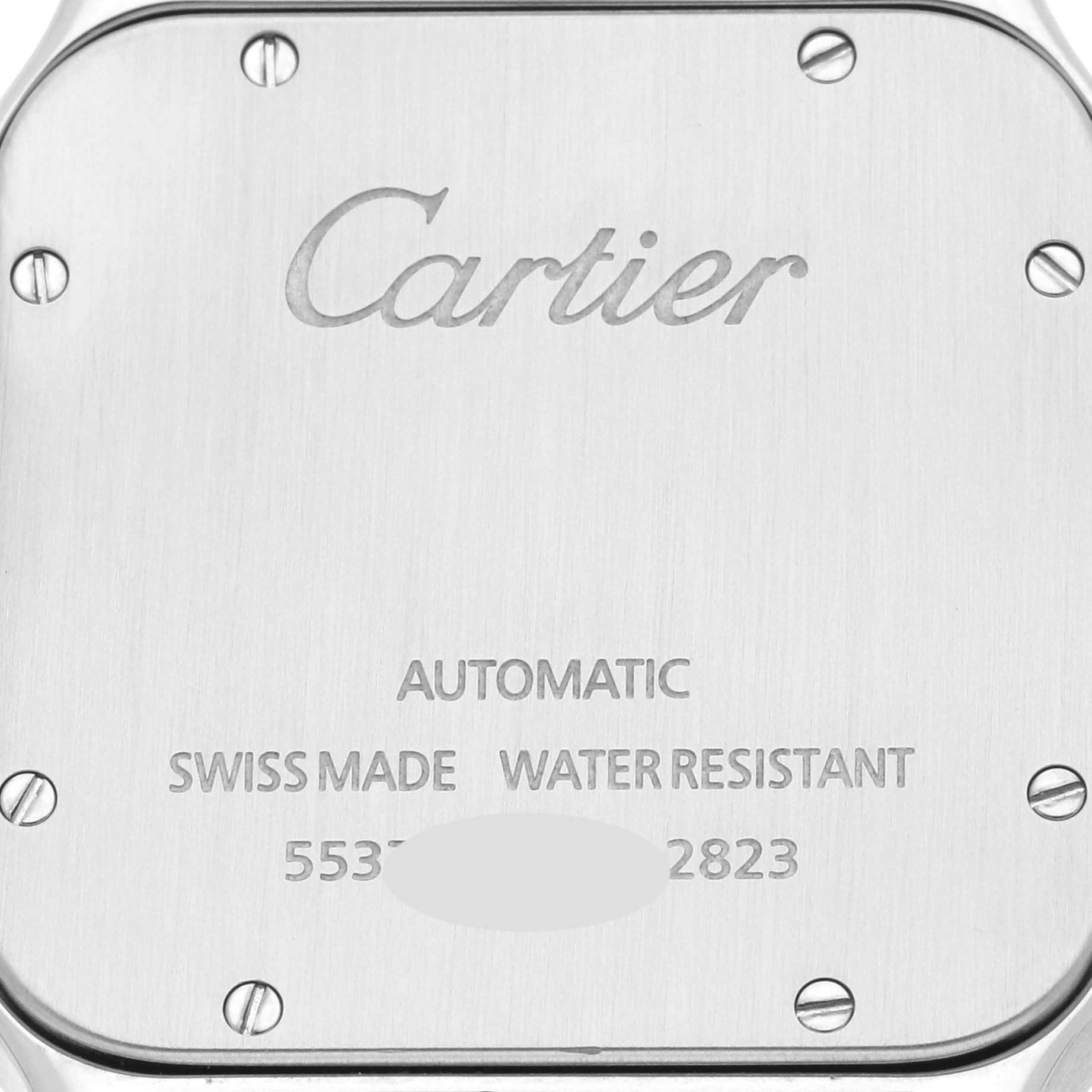 This image shows the back case of a Cartier Santos W20099C4 Men's Steel and Gold (two tone) Silver Dial W20099C4 Men's Steel and Gold (two tone) Silver Dial watch, highlighting the brand logo, water resistance, and serial number.