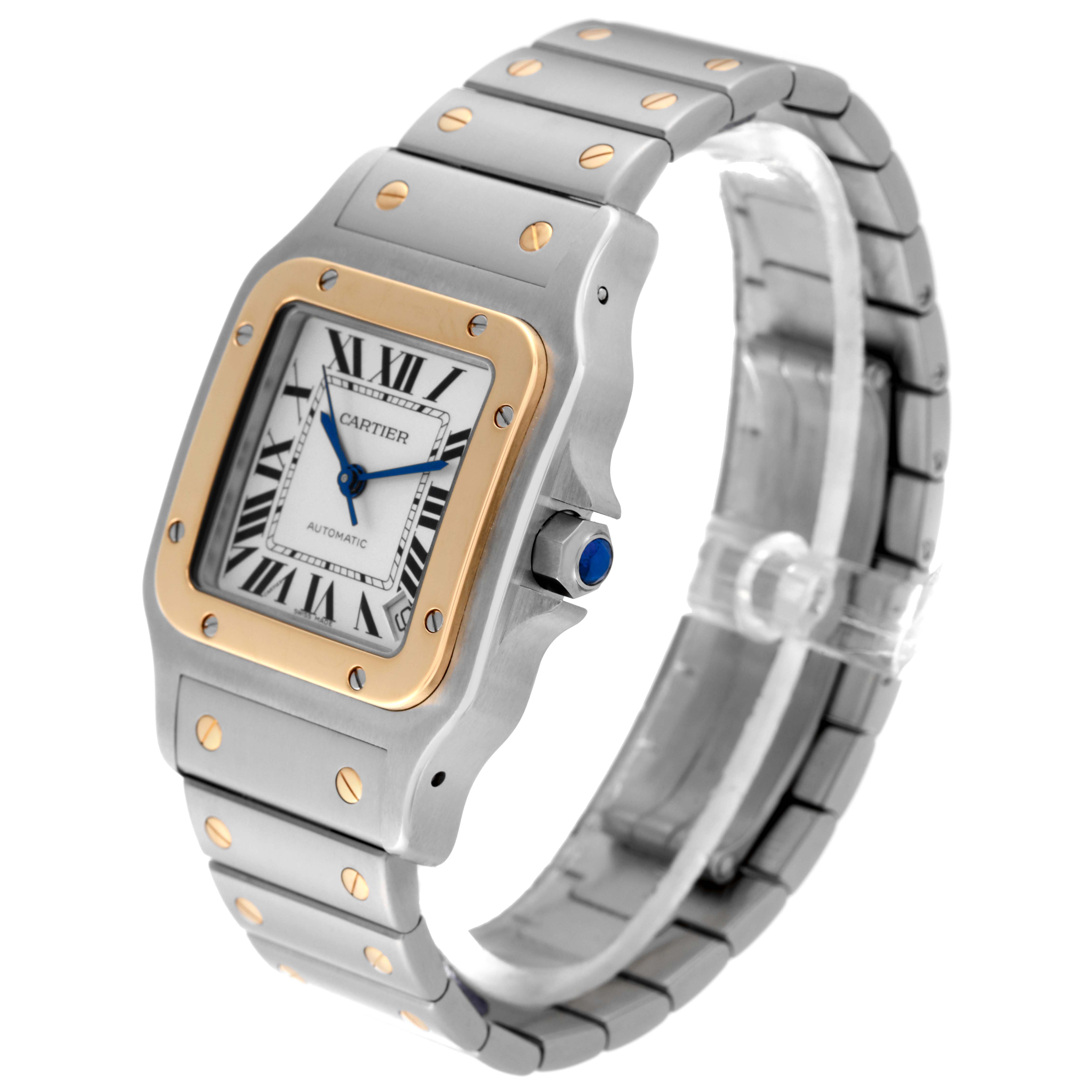 The image shows a Cartier Santos W20099C4 Men's Steel and Gold (two tone) Silver Dial W20099C4 Men's Steel and Gold (two tone) Silver Dial watch at a three-quarter angle, highlighting the face, bezel, and bracelet.