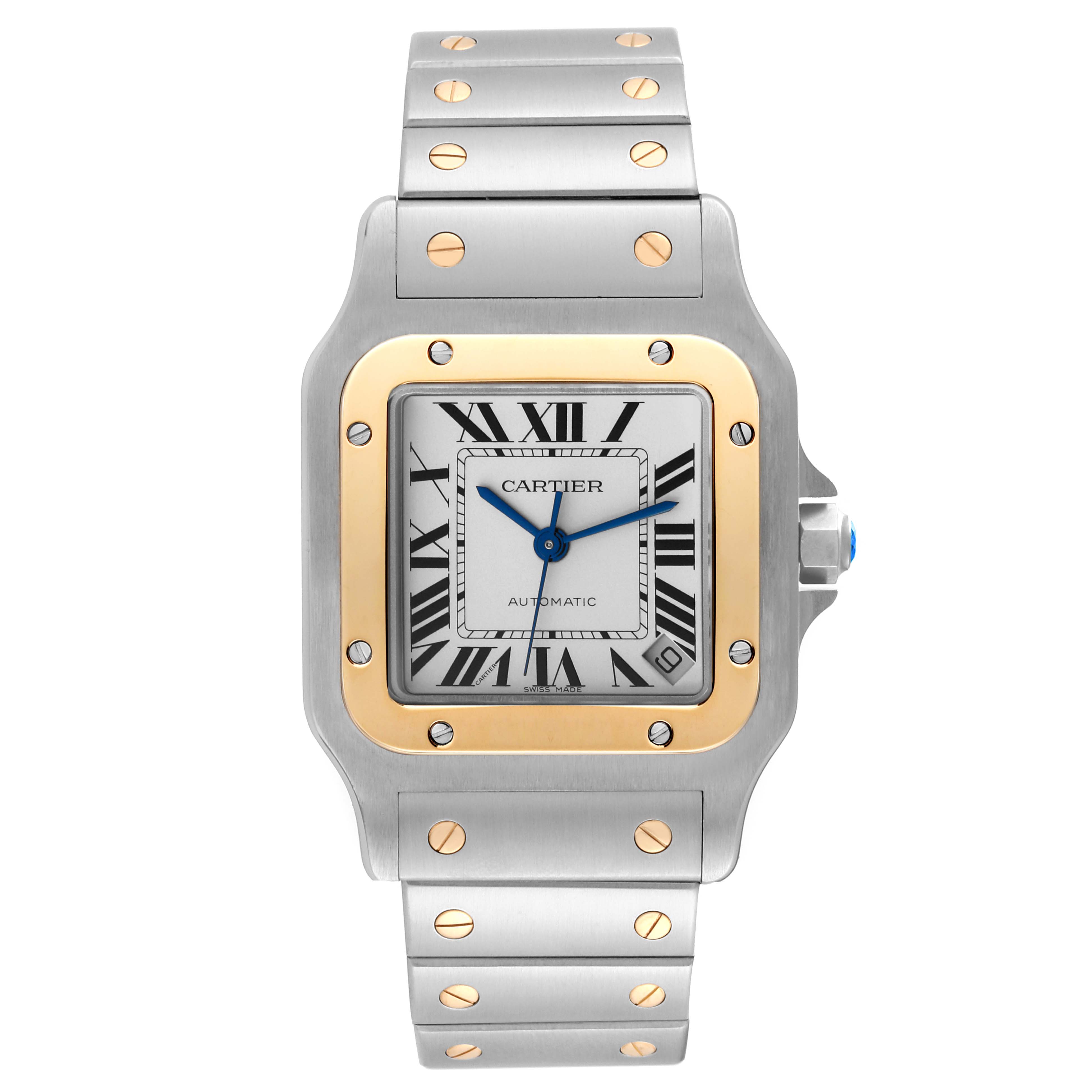 The image shows a Cartier Santos W20099C4 Men's Steel and Gold (two tone) Silver Dial W20099C4 Men's Steel and Gold (two tone) Silver Dial watch, featuring a frontal view of the dial, bezel, crown, and metal bracelet.