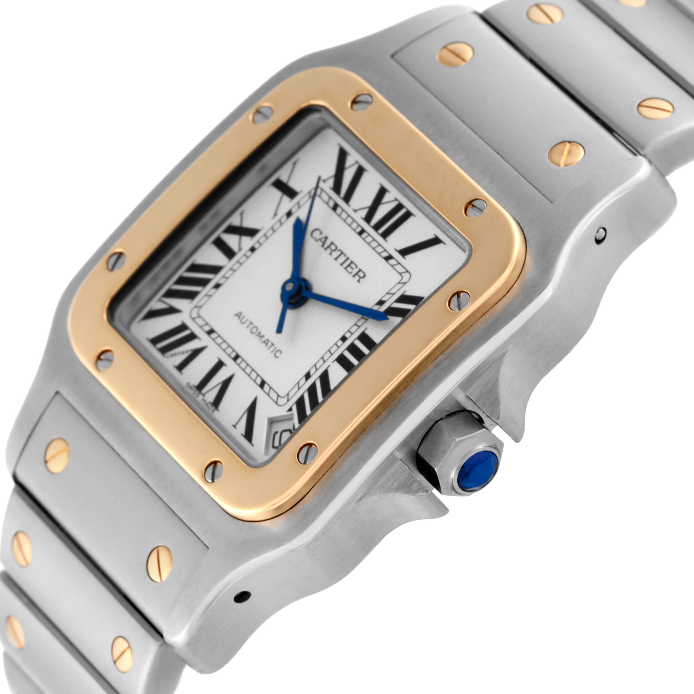 The Cartier Santos W20099C4 Men's Steel and Gold (two tone) Silver Dial W20099C4 Men's Steel and Gold (two tone) Silver Dial watch is shown at an angle highlighting its square dial, crown, bezel, and part of the bracelet.