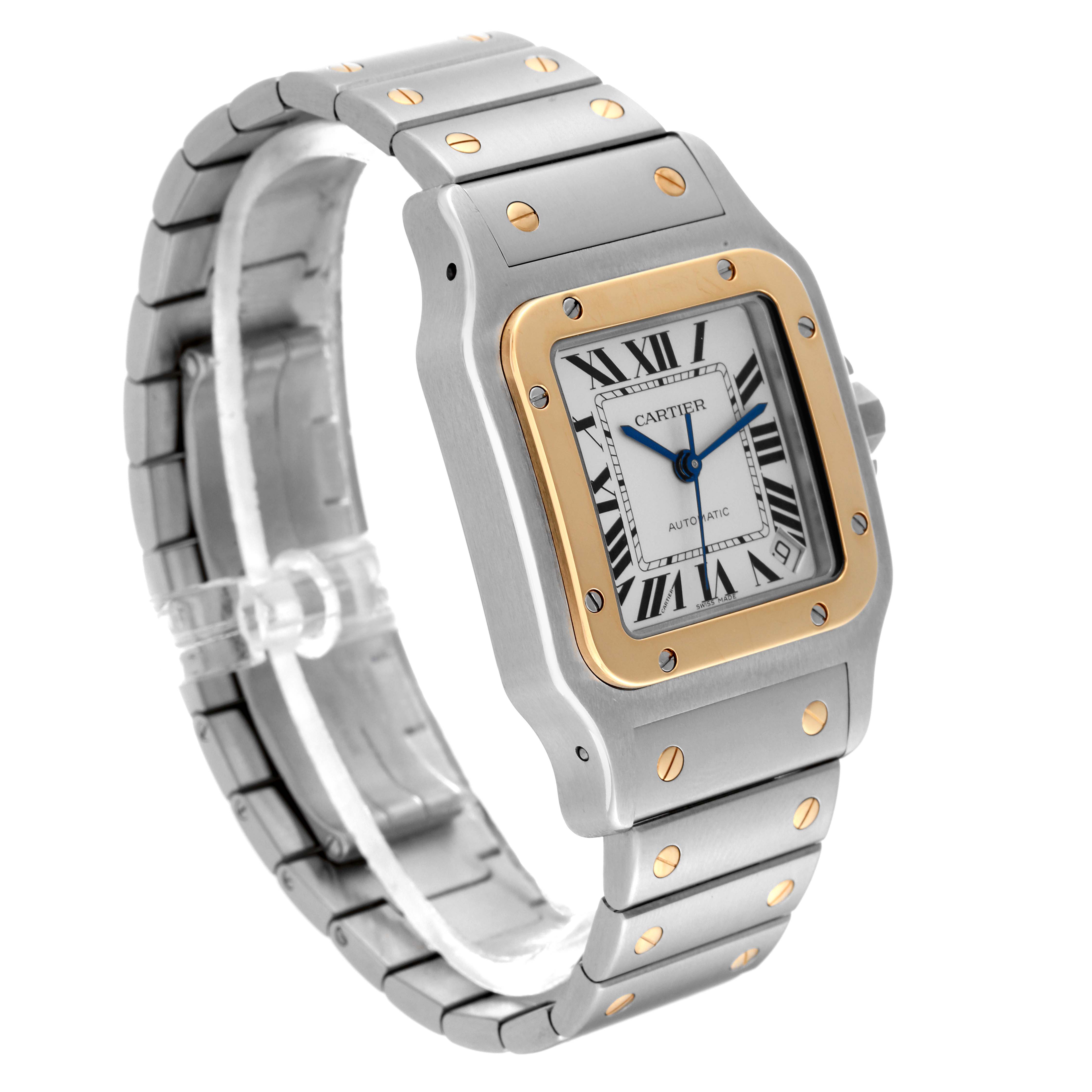 This image shows a three-quarter view of a Cartier Santos W20099C4 Men's Steel and Gold (two tone) Silver Dial W20099C4 Men's Steel and Gold (two tone) Silver Dial watch, highlighting its face, bezel, and stainless-steel bracelet.