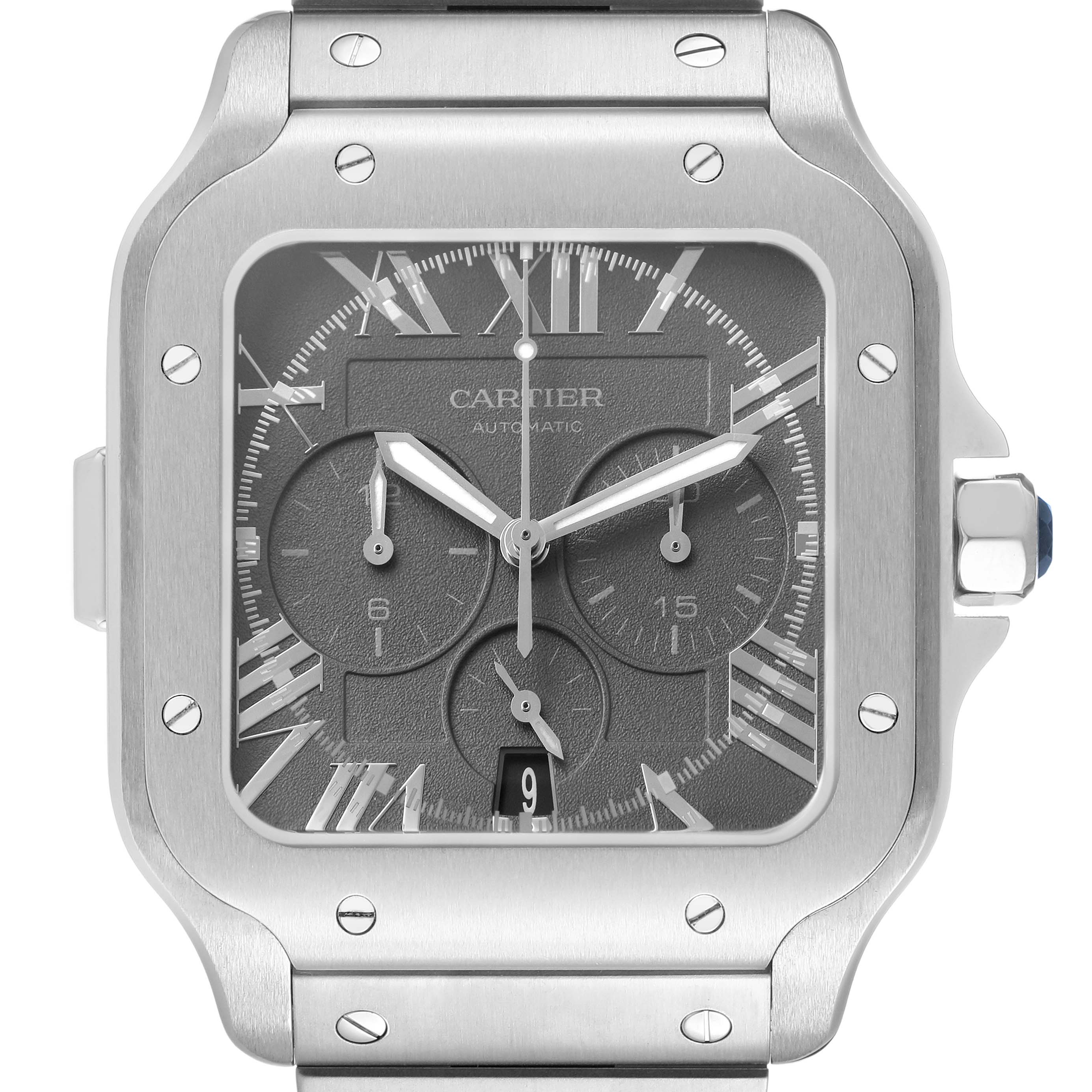 The image shows a front view of the Cartier Santos WSSA0078 Men's Stainless Steel Grey Dial watch, highlighting the bezel, dial, subdials, and crown detail.