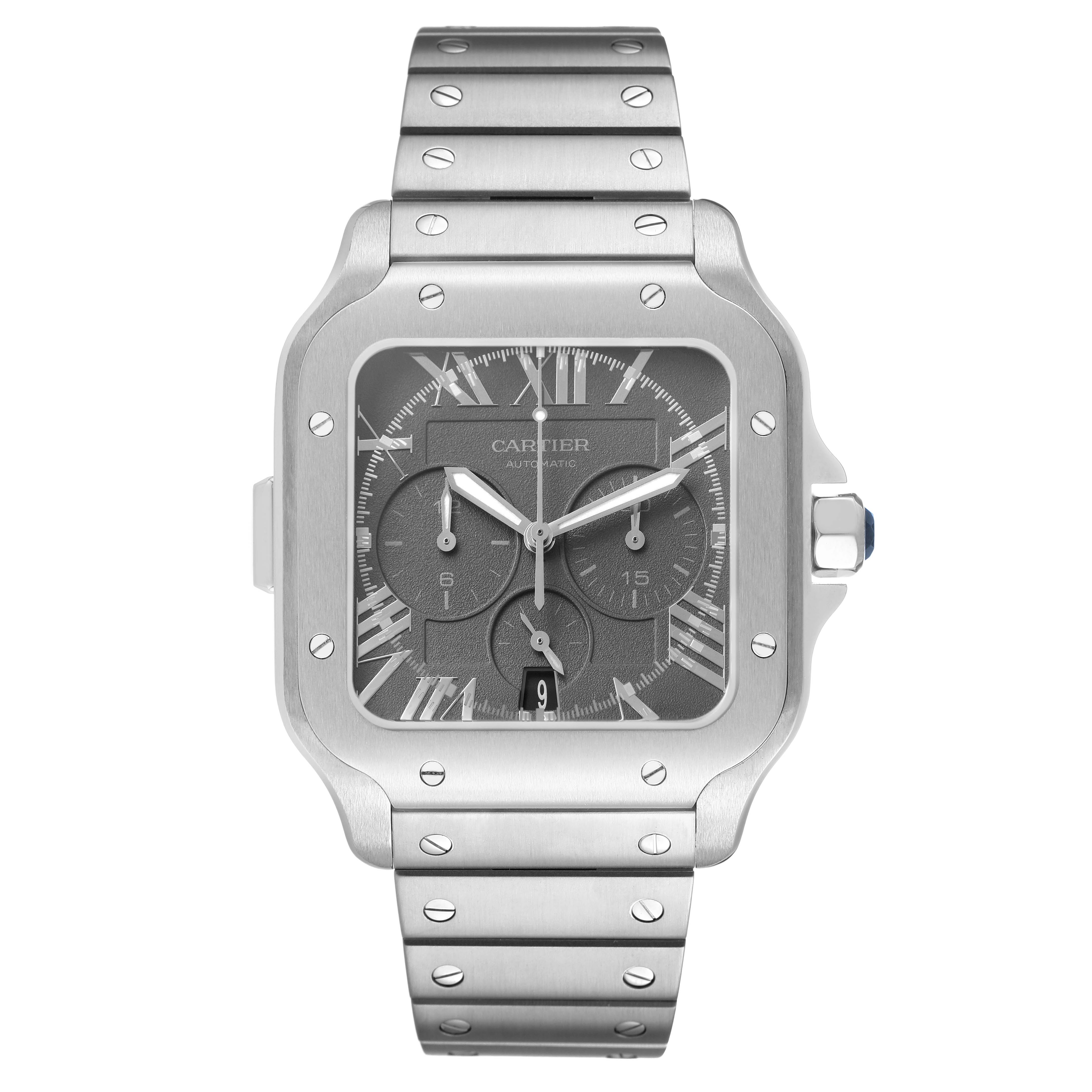 This Cartier Santos WSSA0078 Men's Stainless Steel Grey Dial watch is shown from the front, highlighting its face, bezel, and stainless steel bracelet.