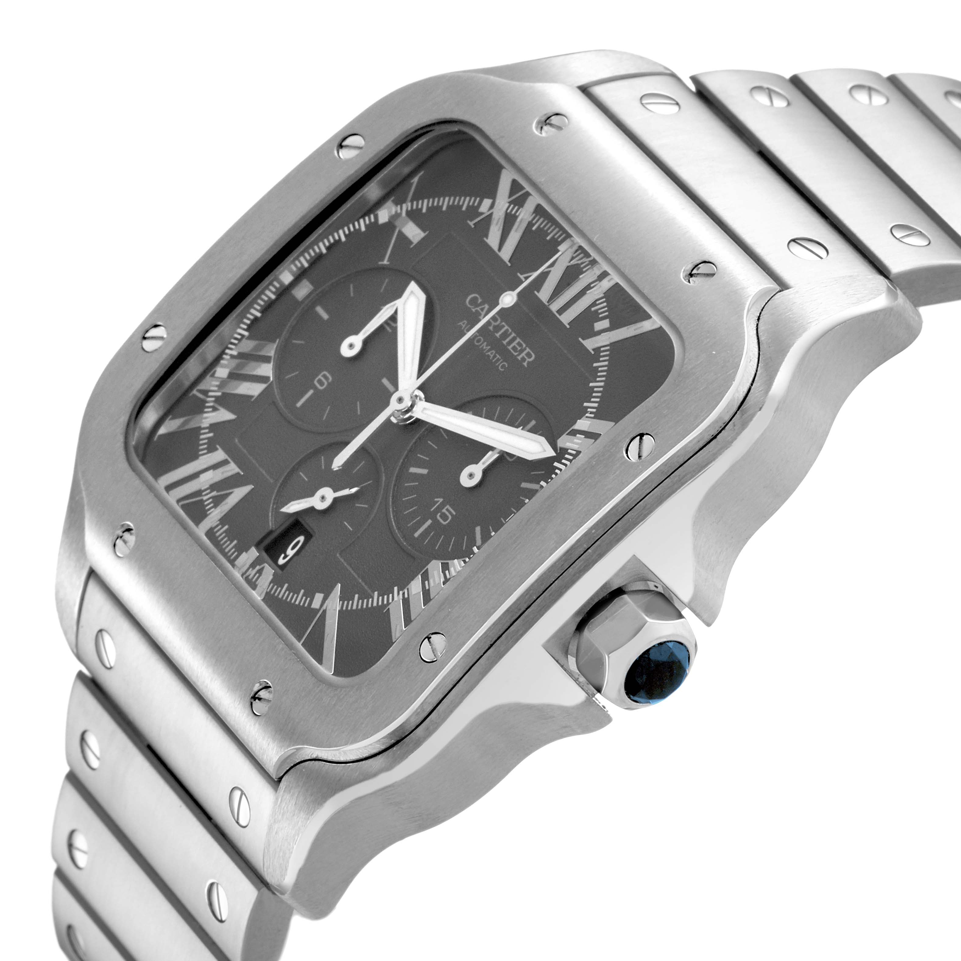 The Cartier Santos WSSA0078 Men's Stainless Steel Grey Dial watch is shown at an angle highlighting the face, bezel, crown, and part of the bracelet.